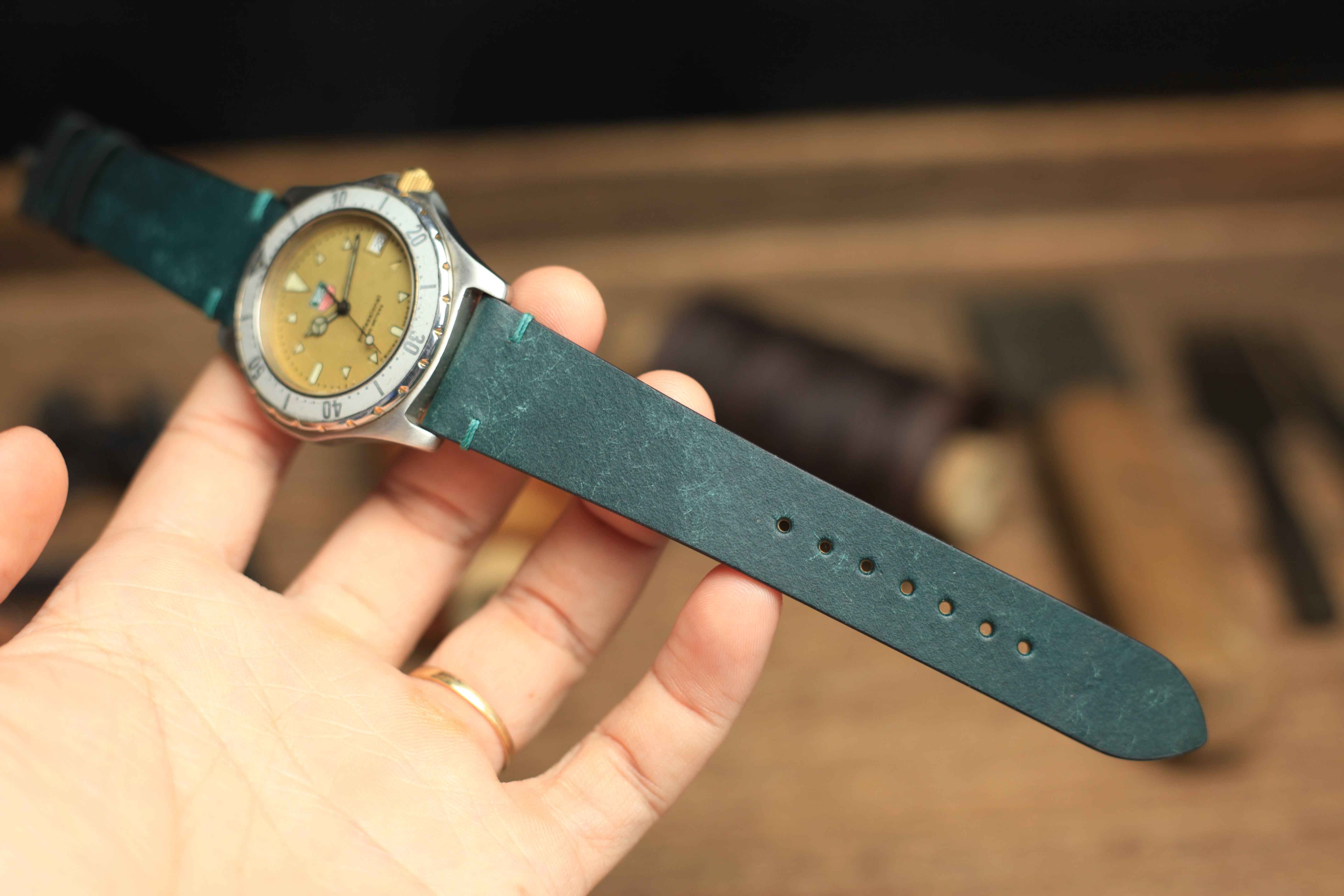 Point-Stitch Pueblo Deep Teal Green Leather Watch Strap