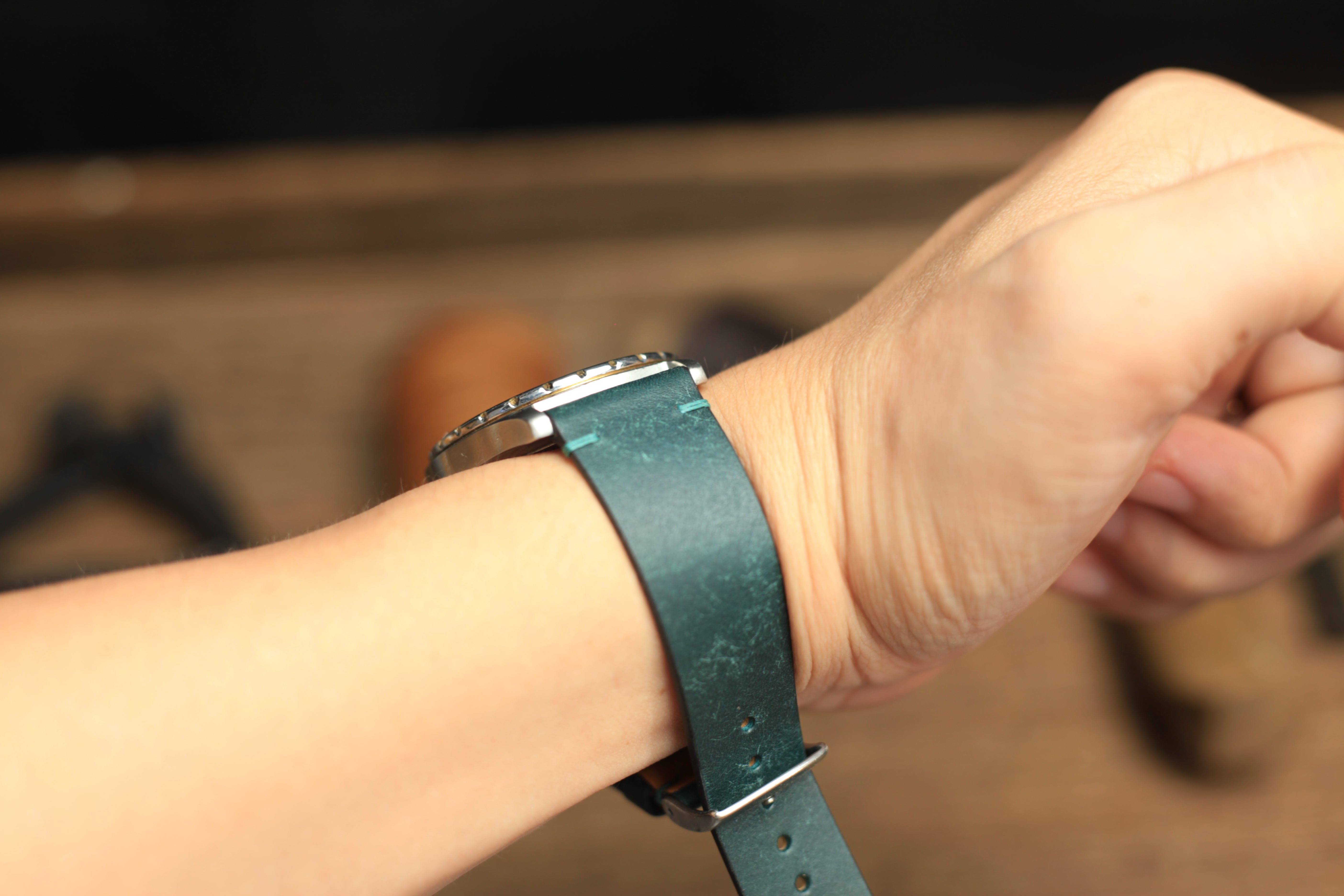 Point-Stitch Pueblo Deep Teal Green Leather Watch Strap