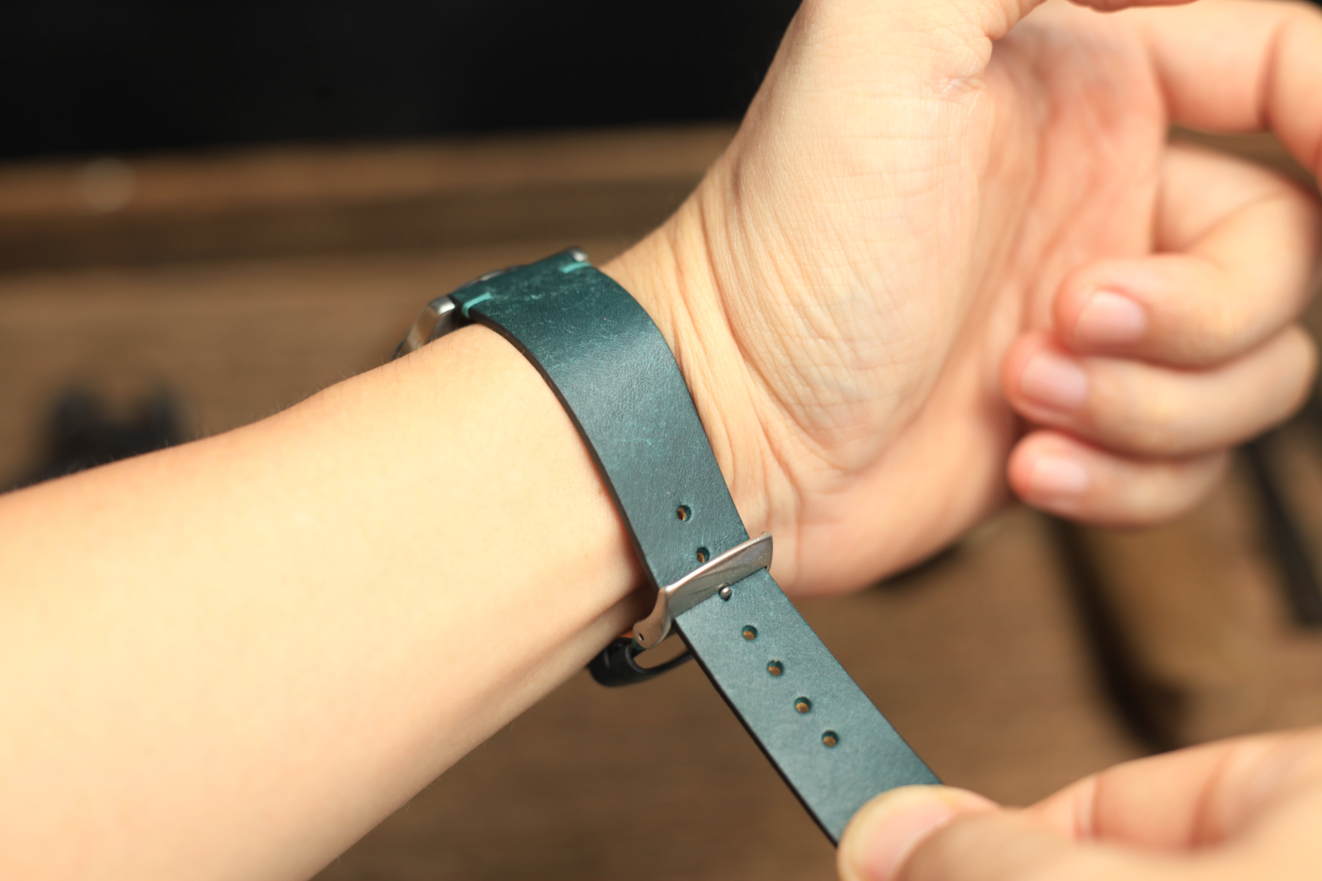 Point-Stitch Pueblo Deep Teal Green Leather Watch Strap