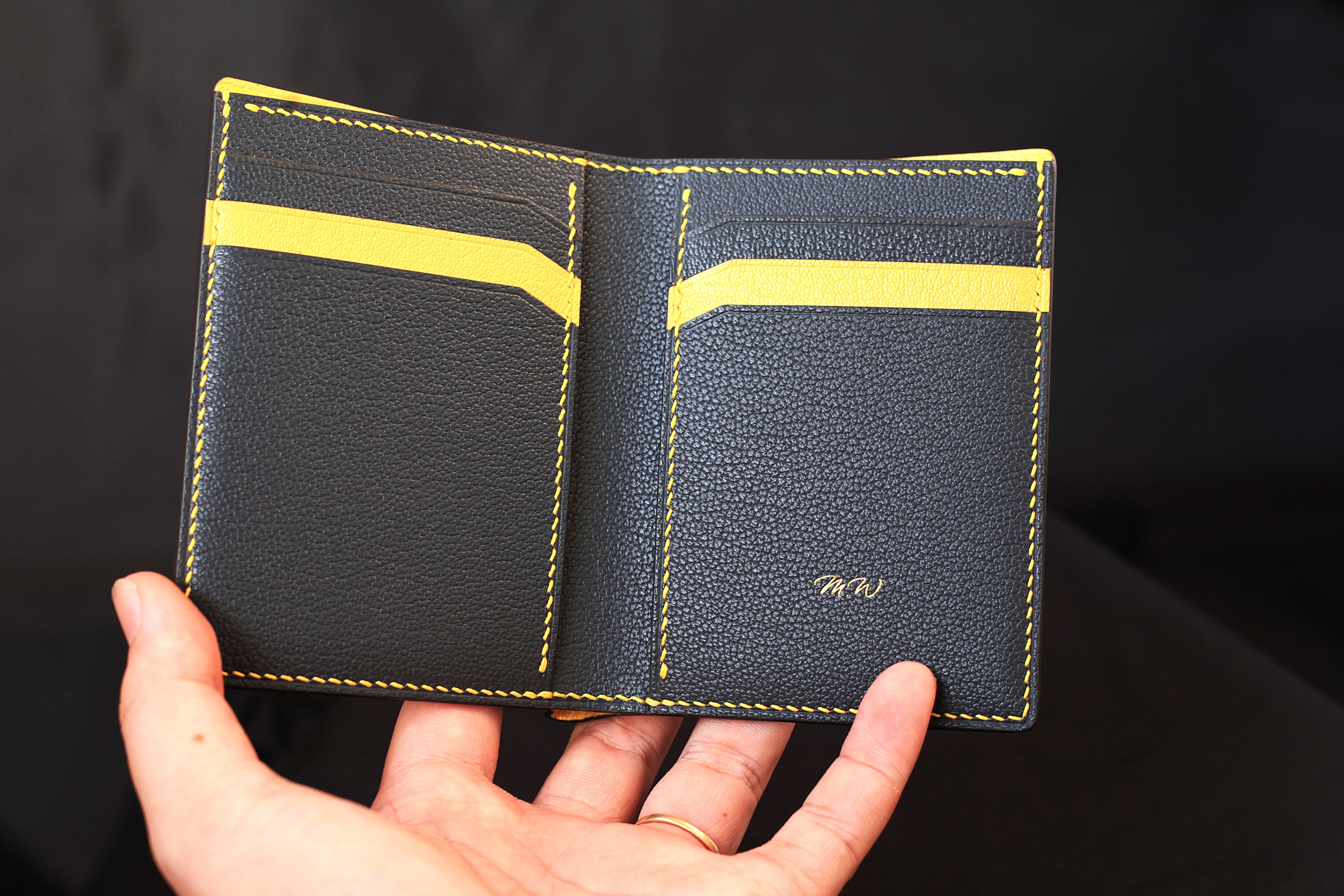 BIFOLD MAN WALLET, ETOUPE EPSOM/BLACK GOAT LEATHER, HANDMADE WALLET.