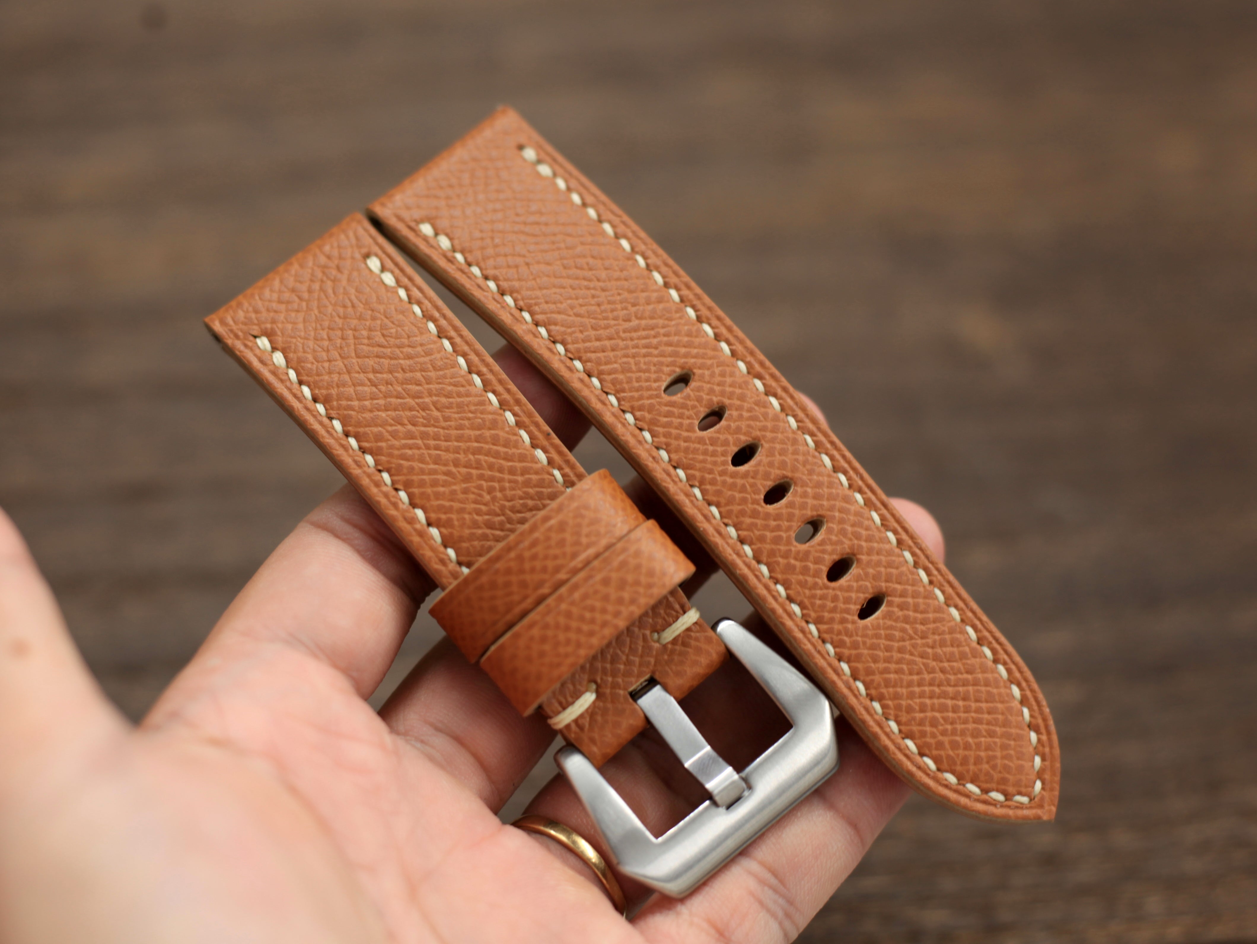 PANERAI WATCH BAND HANDMADE, EPSOM GOLD BROWN LEATHER.