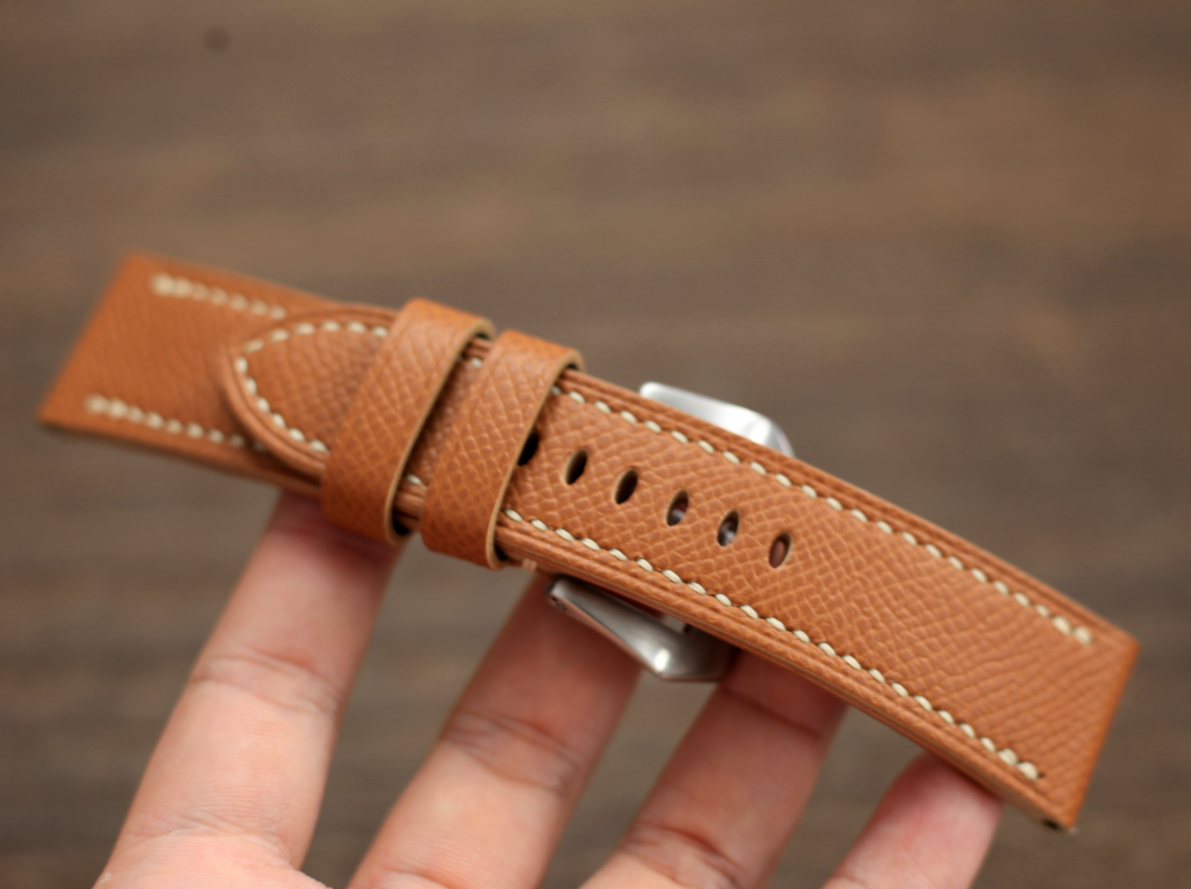 PANERAI WATCH BAND HANDMADE, EPSOM GOLD BROWN LEATHER.