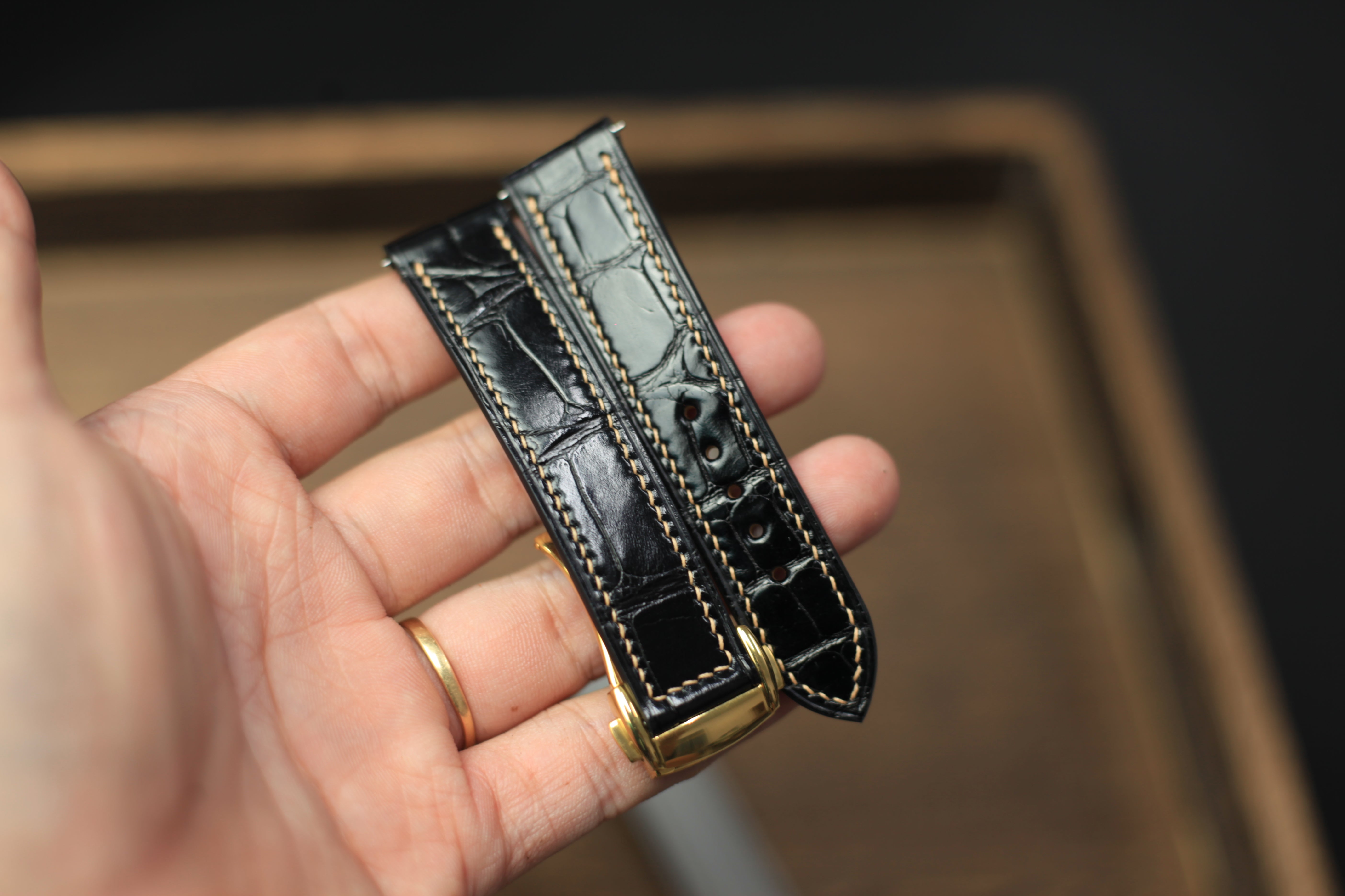 Alligator Glossy Black Leather Strap, Omega Leather Watch Band