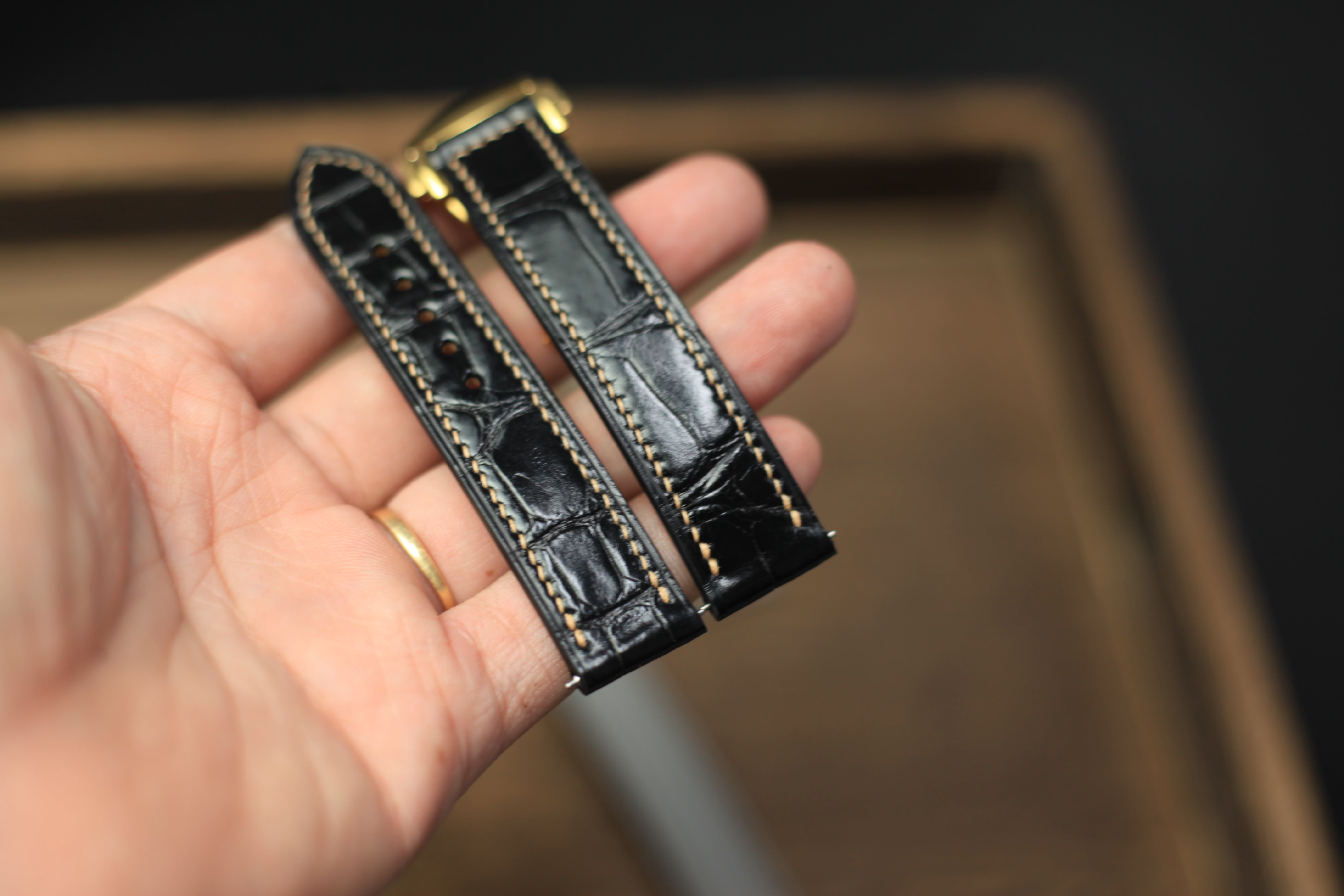 Alligator Glossy Black Leather Strap, Omega Leather Watch Band
