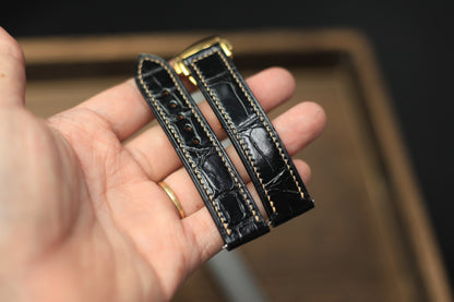 Alligator Glossy Black Leather Strap, Omega Leather Watch Band