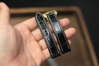 Alligator Glossy Black Leather Strap, Omega Leather Watch Band