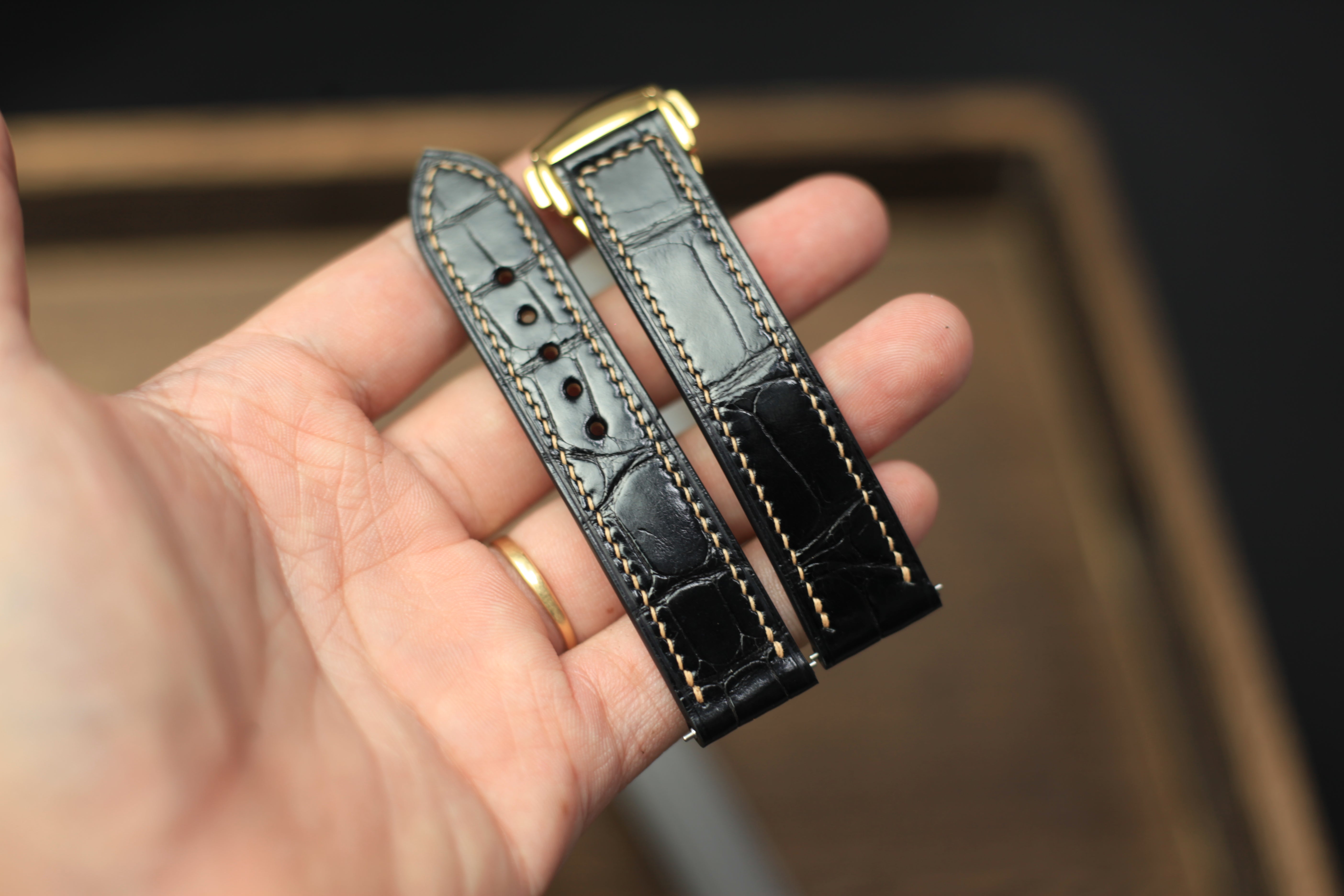 Alligator Glossy Black Leather Strap, Omega Leather Watch Band