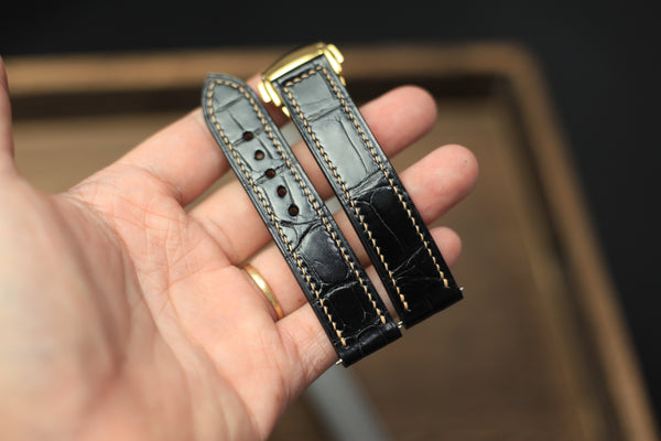 ALLIGATOR GLOSSY BLACK LEATHER STRAP, OMEGA LEATHER WATCH BAND.