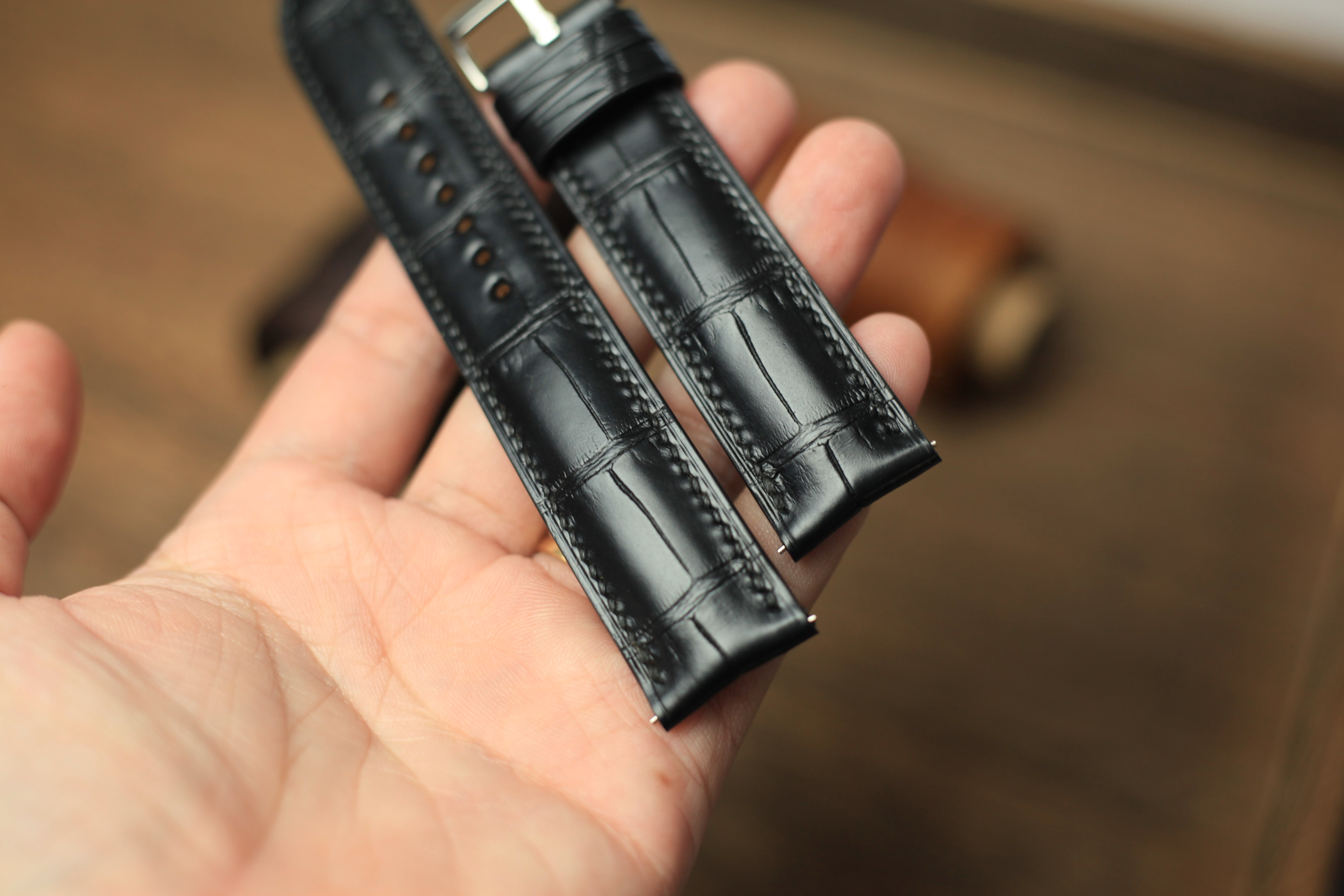 Genuine Matte Black Alligator Leather, Handmade Watch Strap