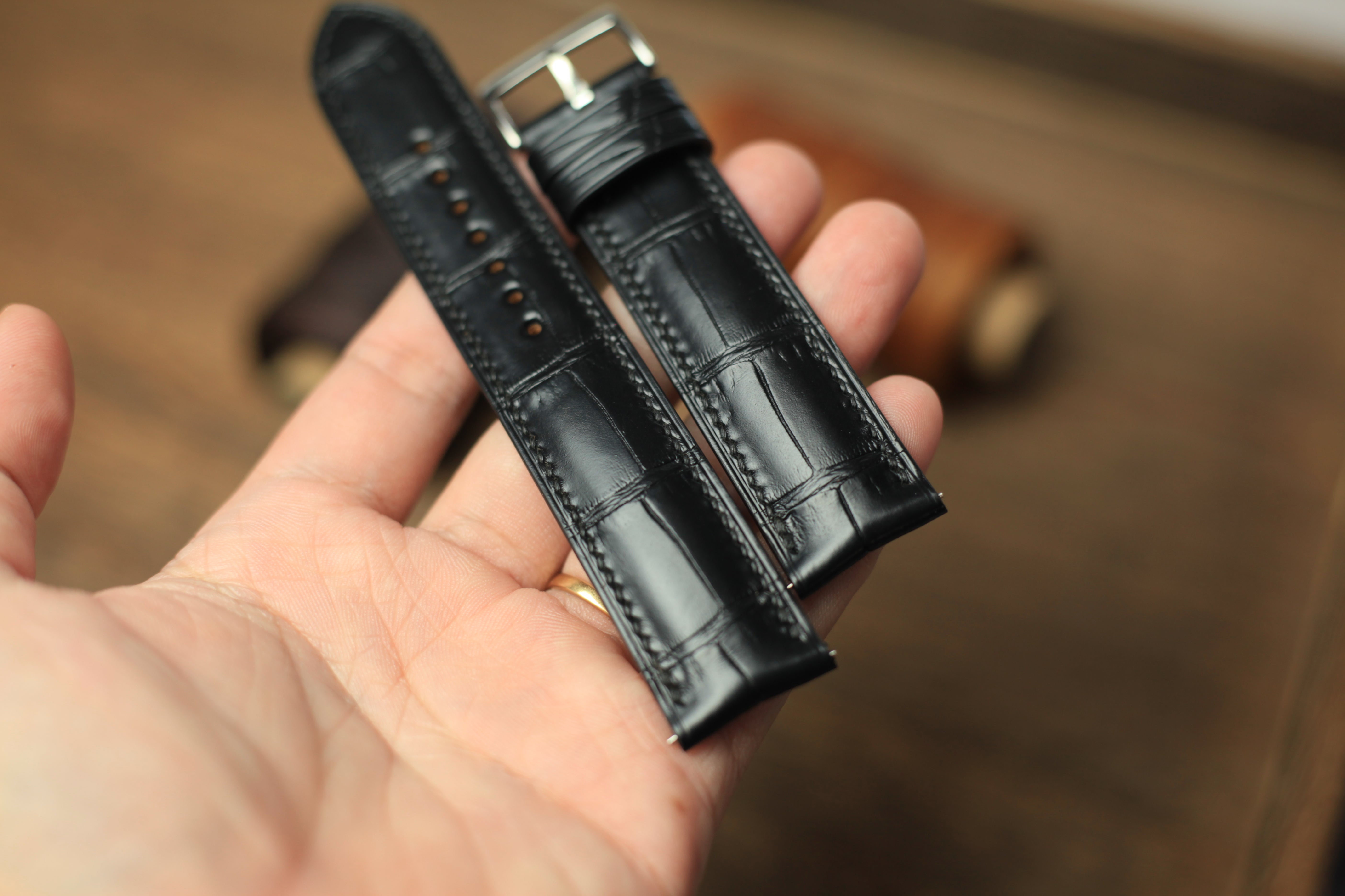 Genuine Matte Black Alligator Leather, Handmade Watch Strap