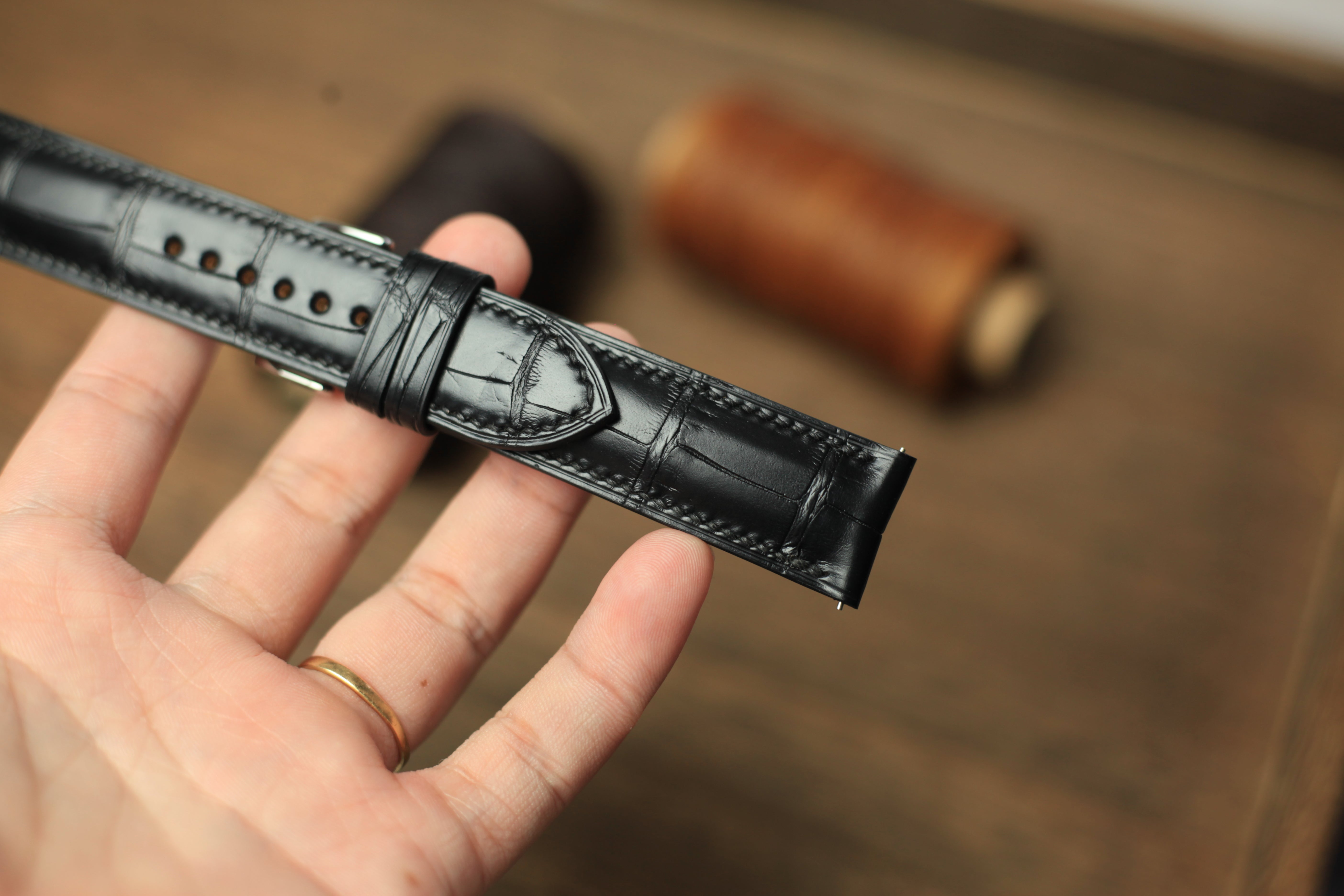 Genuine Matte Black Alligator Leather, Handmade Watch Strap