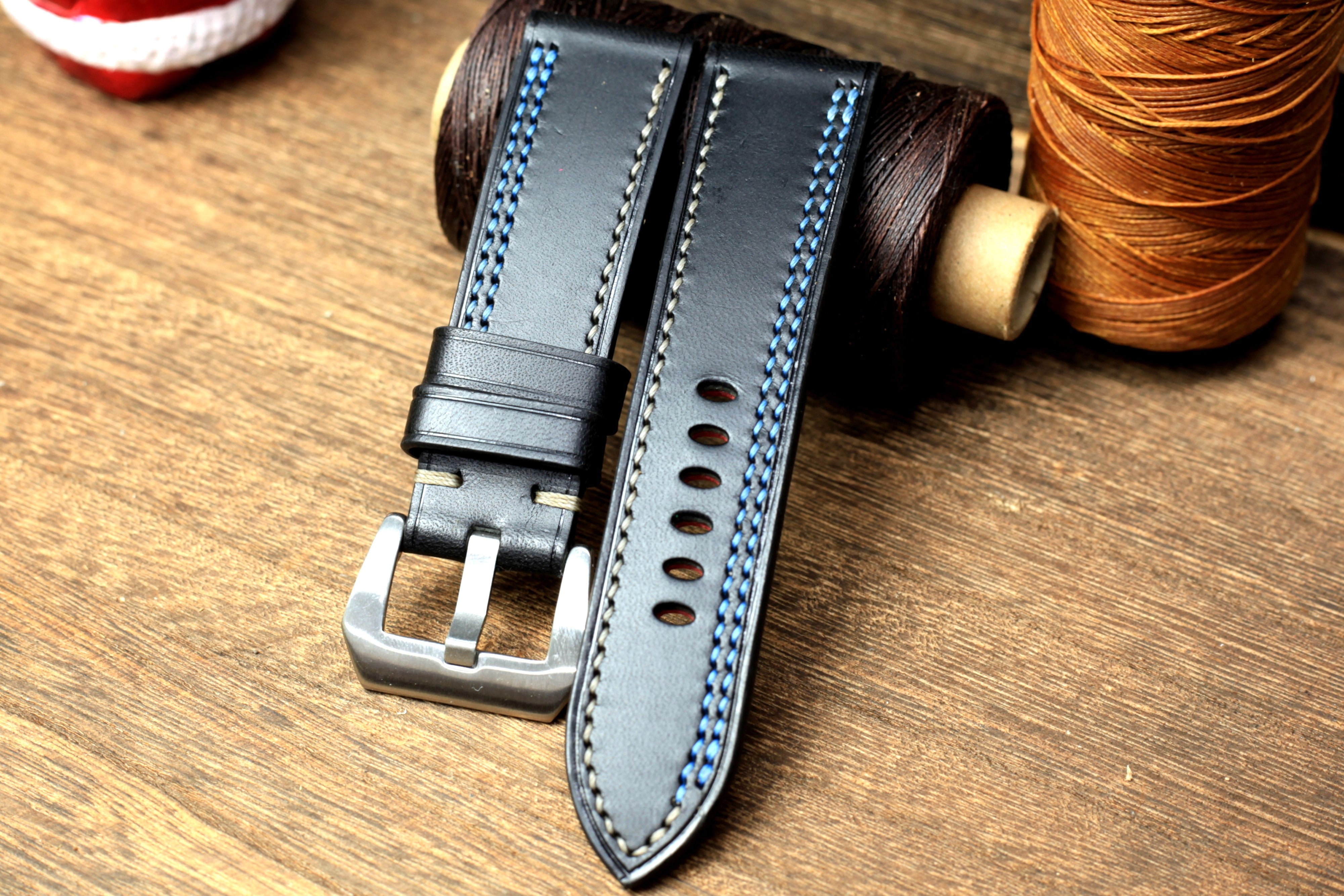Black Buttero Leather Panerai Strap, Baby Blue/Grey Stitching