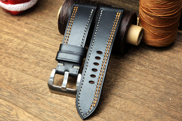 PANERAI WATCH BAND HANDMADE, BLACK BUTTERO LEATHER, ORANGE/GREY STITCHING.