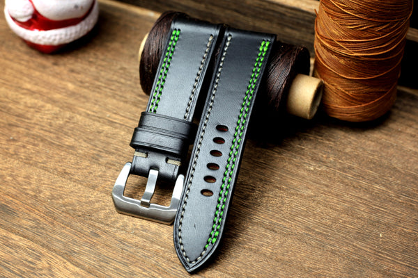 PANERAI WATCH BAND HANDMADE, BLACK BUTTERO LEATHER, GREEN/GREY STITCHING.