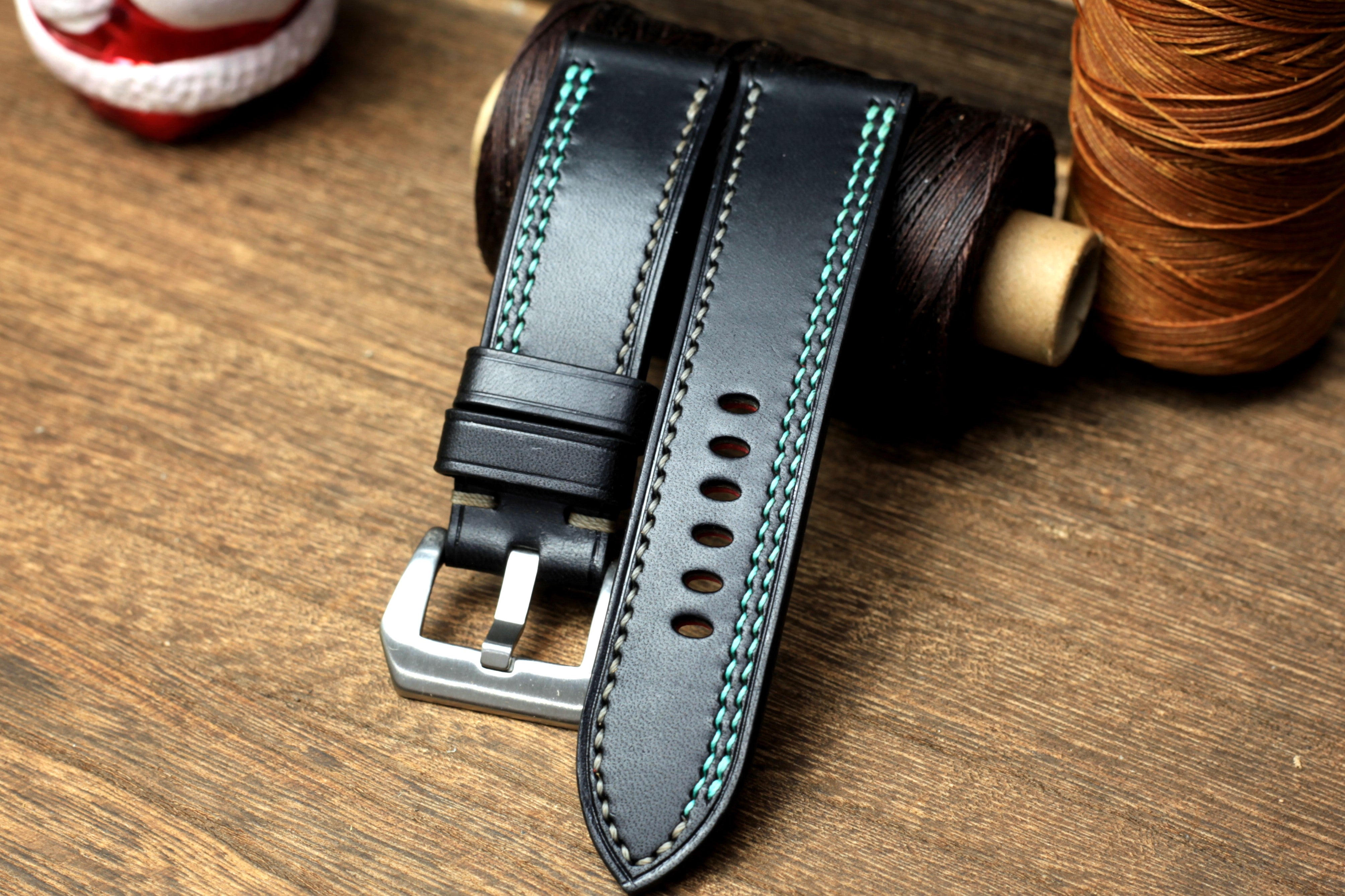 Black Buttero Leather Panerai Strap, Jade Blue/Grey Stitching