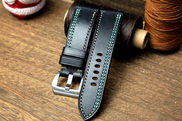 PANERAI WATCH BAND HANDMADE, BLACK BUTTERO LEATHER, JADE BLUE/GREY STITCHING.