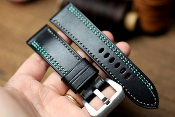 PANERAI WATCH BAND HANDMADE, BLACK BUTTERO LEATHER, JADE BLUE/GREY STITCHING.