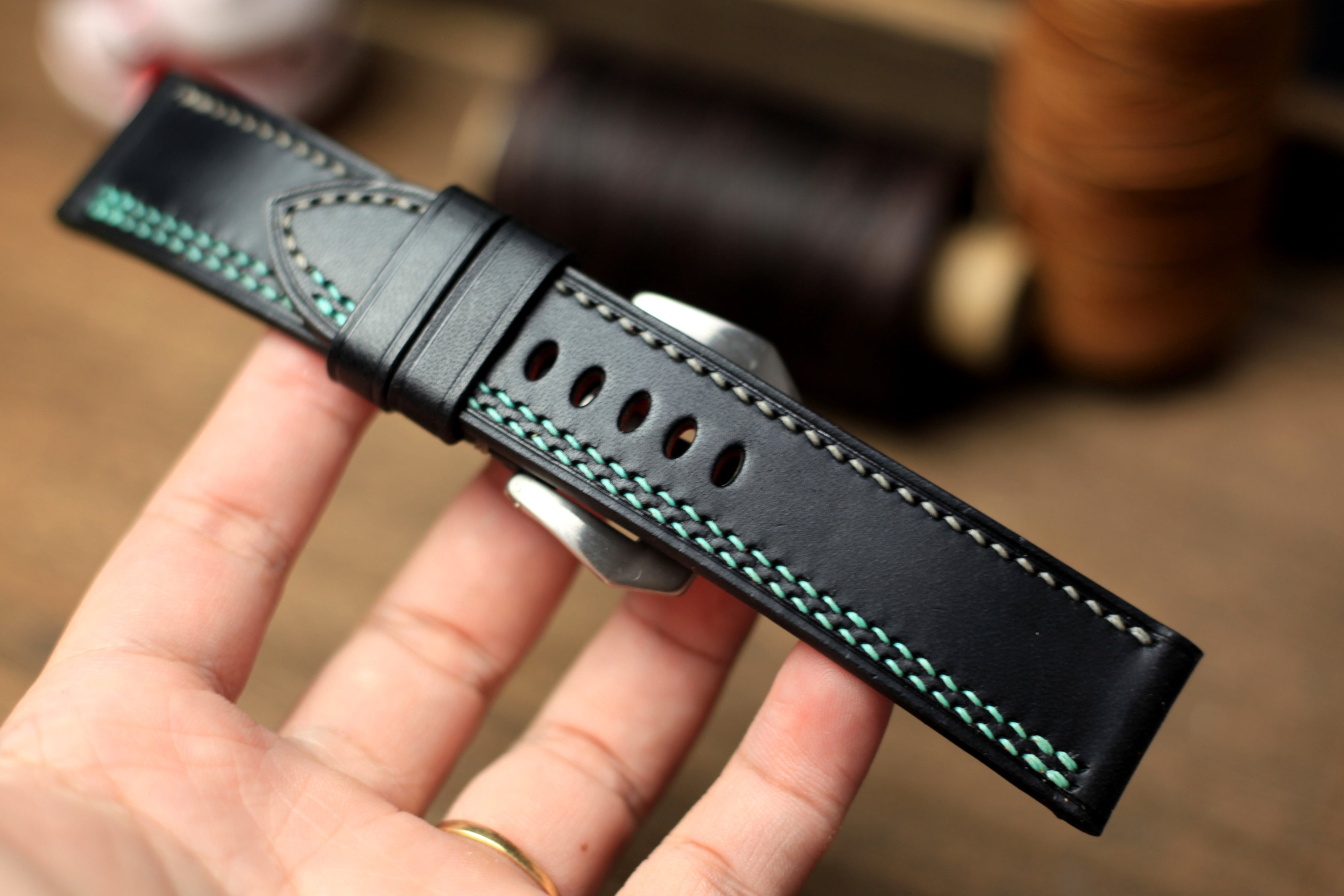 Black Buttero Leather Panerai Strap, Jade Blue/Grey Stitching