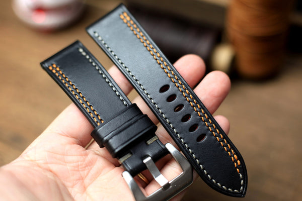 PANERAI WATCH BAND HANDMADE, BLACK BUTTERO LEATHER, ORANGE/GREY STITCHING.