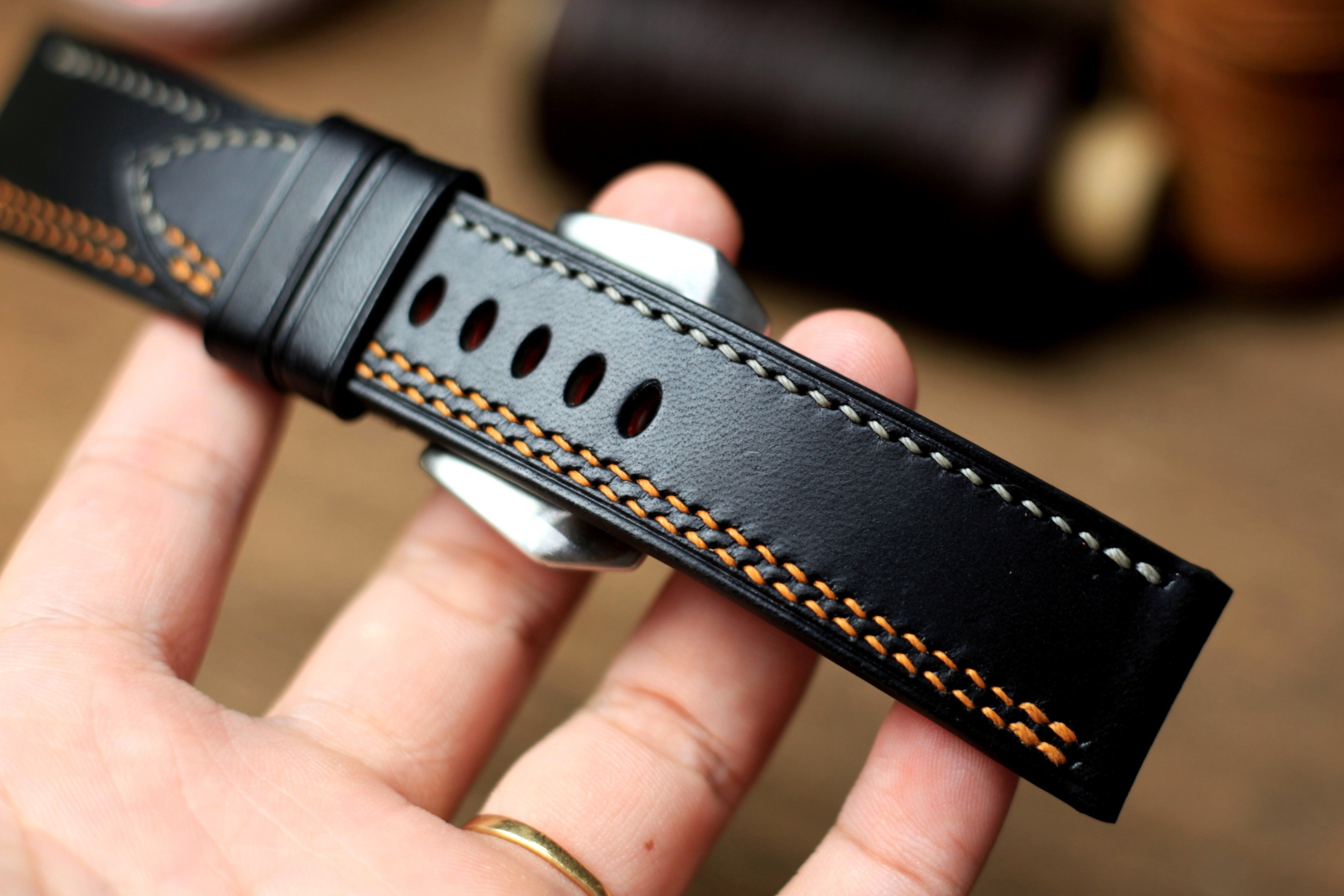 Black Buttero Leather Panerai Strap, Orange/Grey Stitching