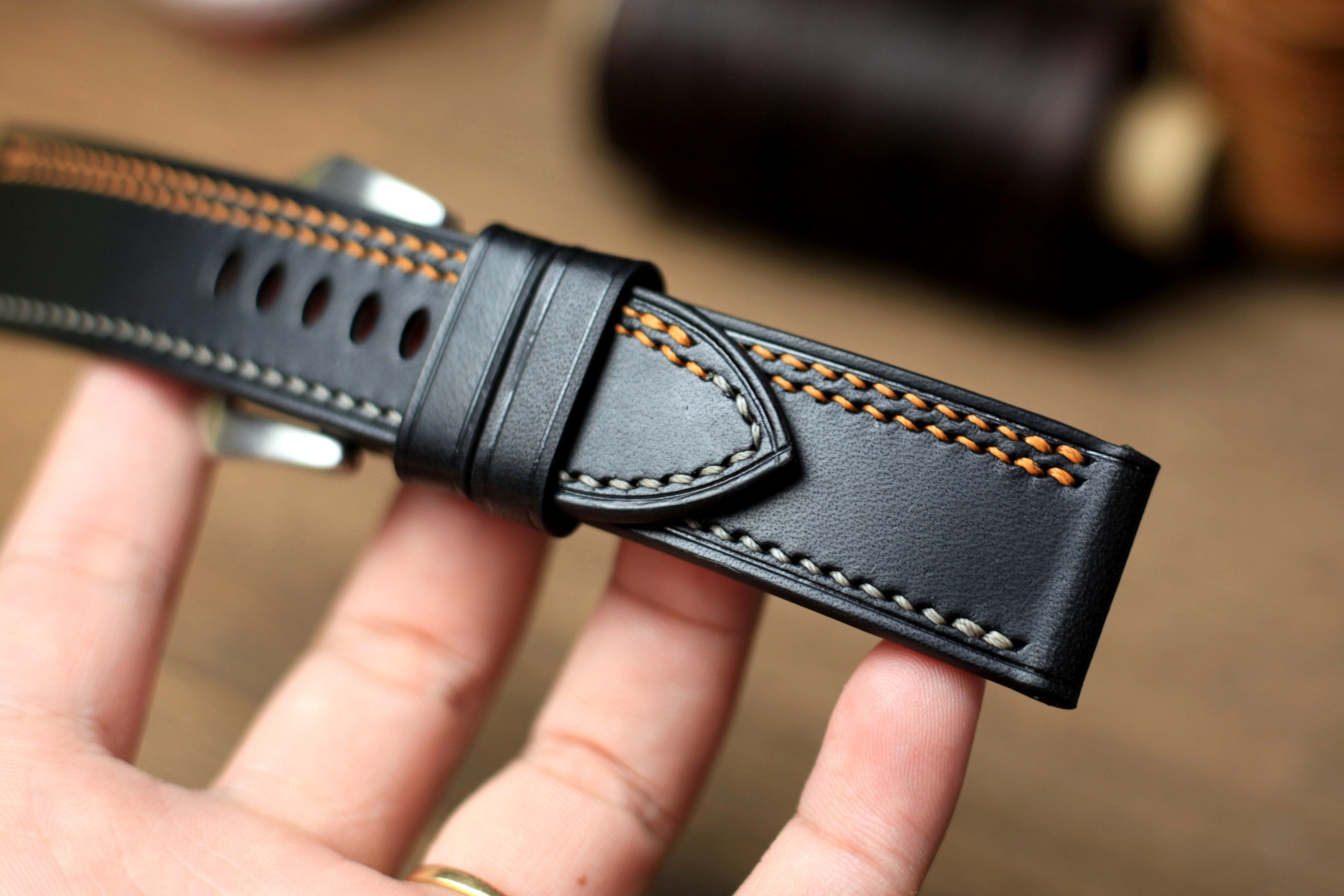 Black Buttero Leather Panerai Strap, Orange/Grey Stitching