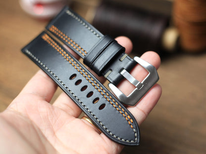 Black Buttero Leather Panerai Strap, Orange/Grey Stitching
