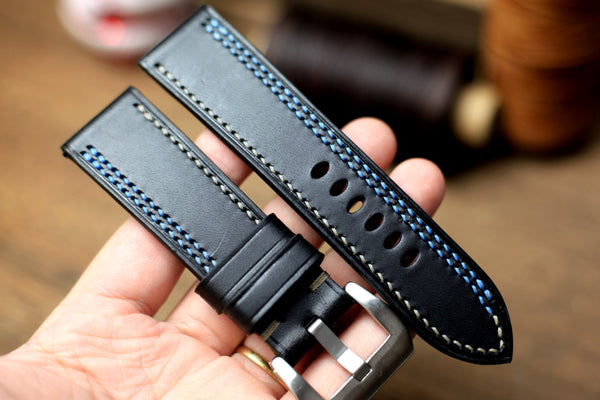 PANERAI WATCH BAND HANDMADE, BLACK BUTTERO LEATHER, BABY BLUE/GREY STITCHING.