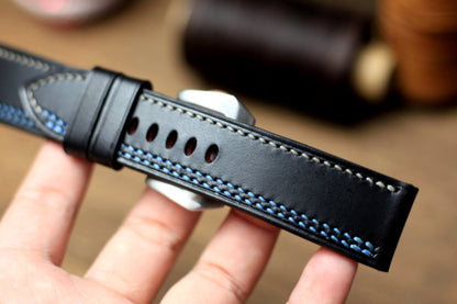 Black Buttero Leather Panerai Strap, Baby Blue/Grey Stitching
