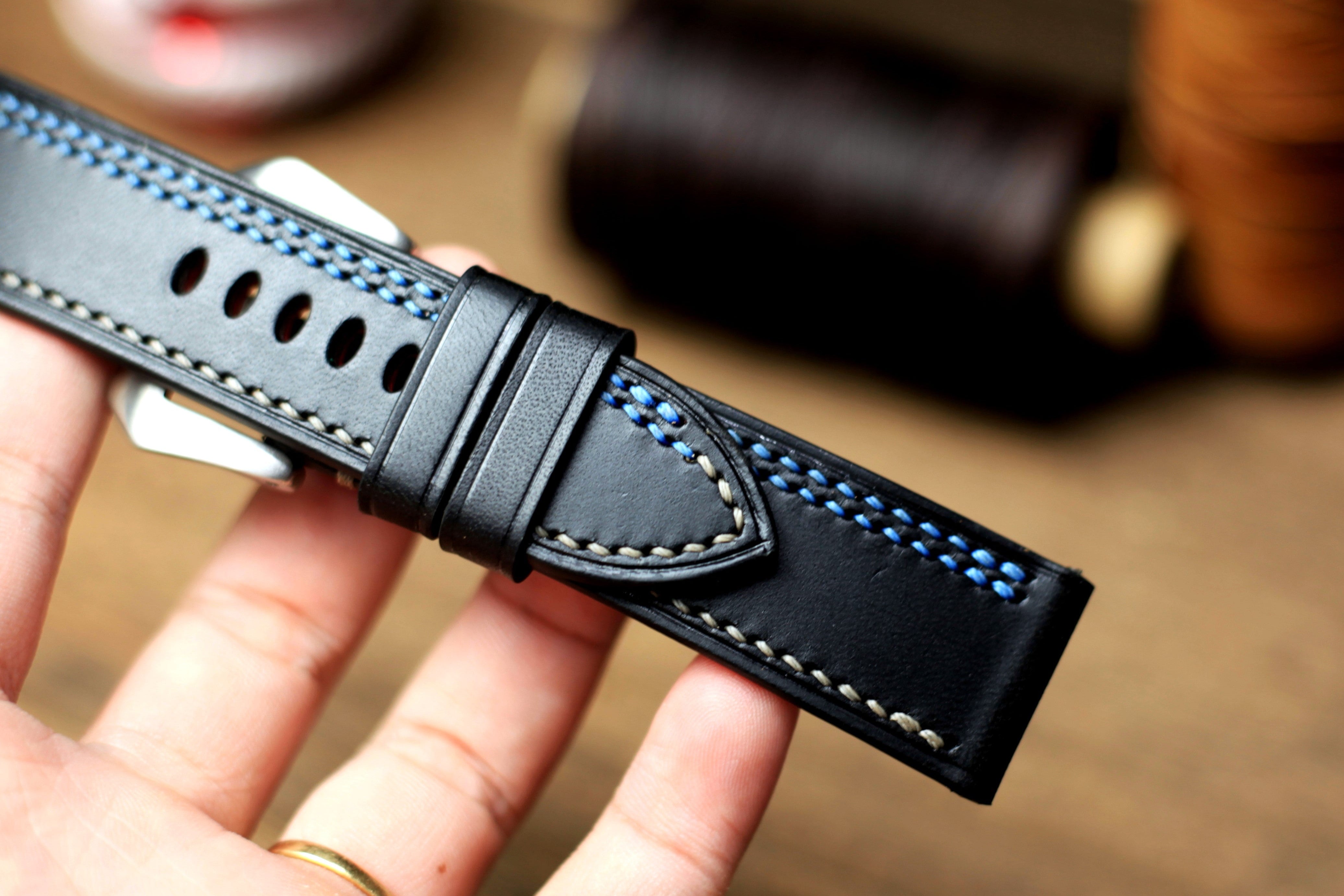 Black Buttero Leather Panerai Strap, Baby Blue/Grey Stitching