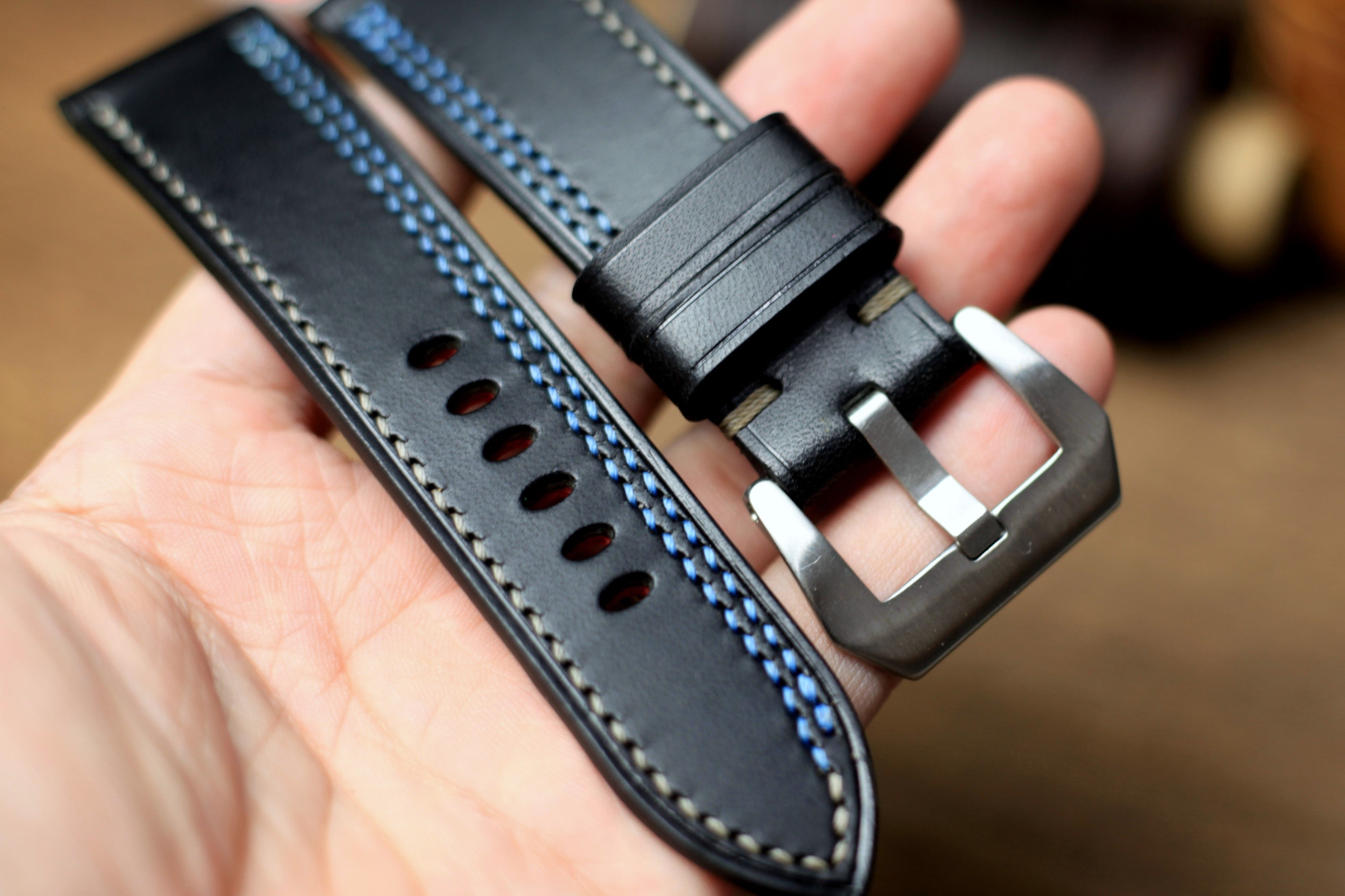 Black Buttero Leather Panerai Strap, Baby Blue/Grey Stitching