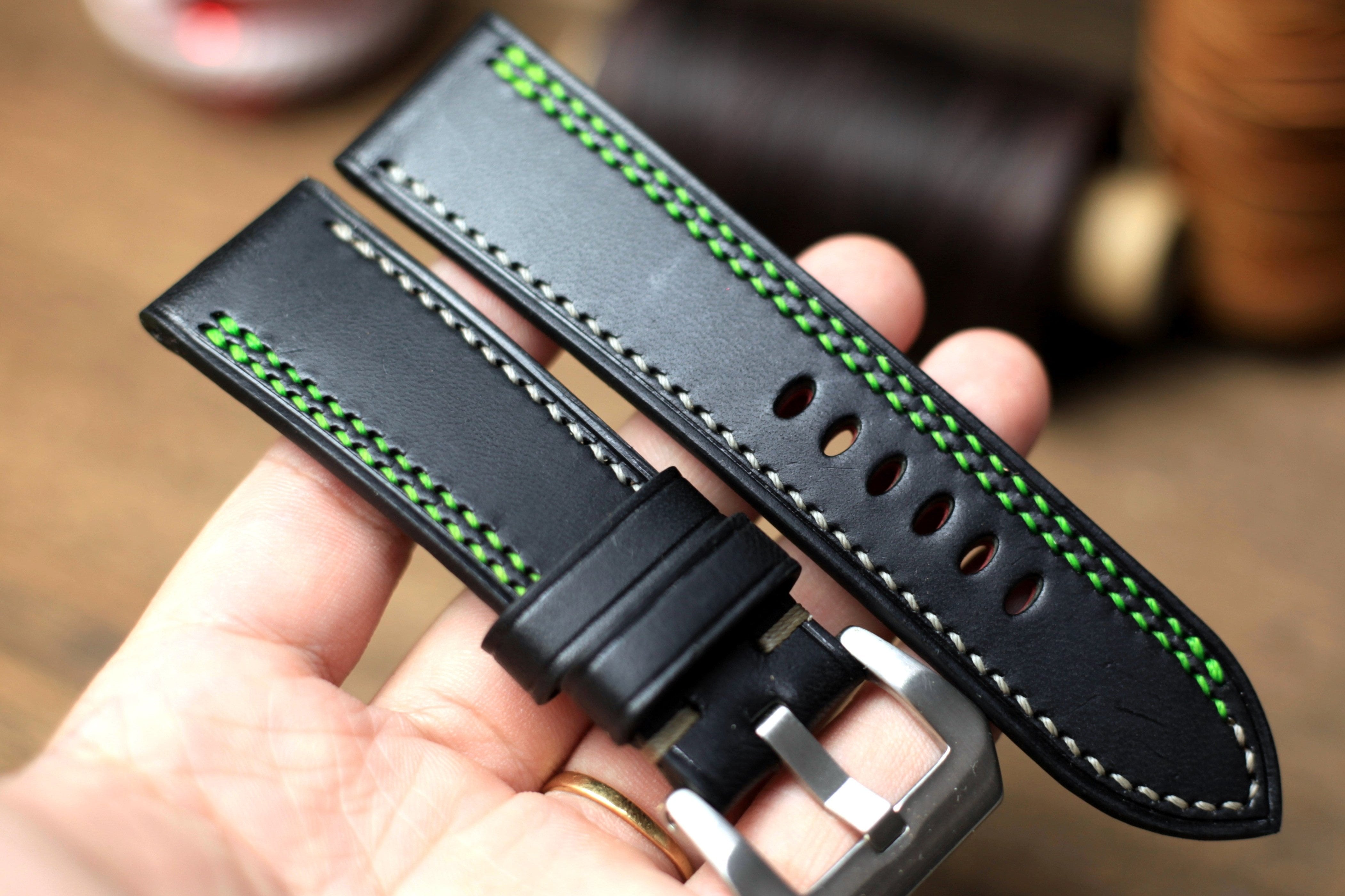 Black Buttero Leather Panerai Strap, Green/Grey Stitching