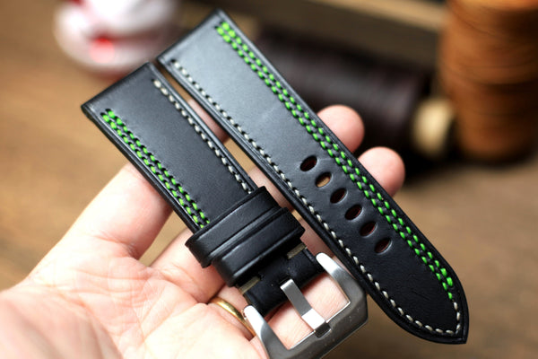 PANERAI WATCH BAND HANDMADE, BLACK BUTTERO LEATHER, GREEN/GREY STITCHING.