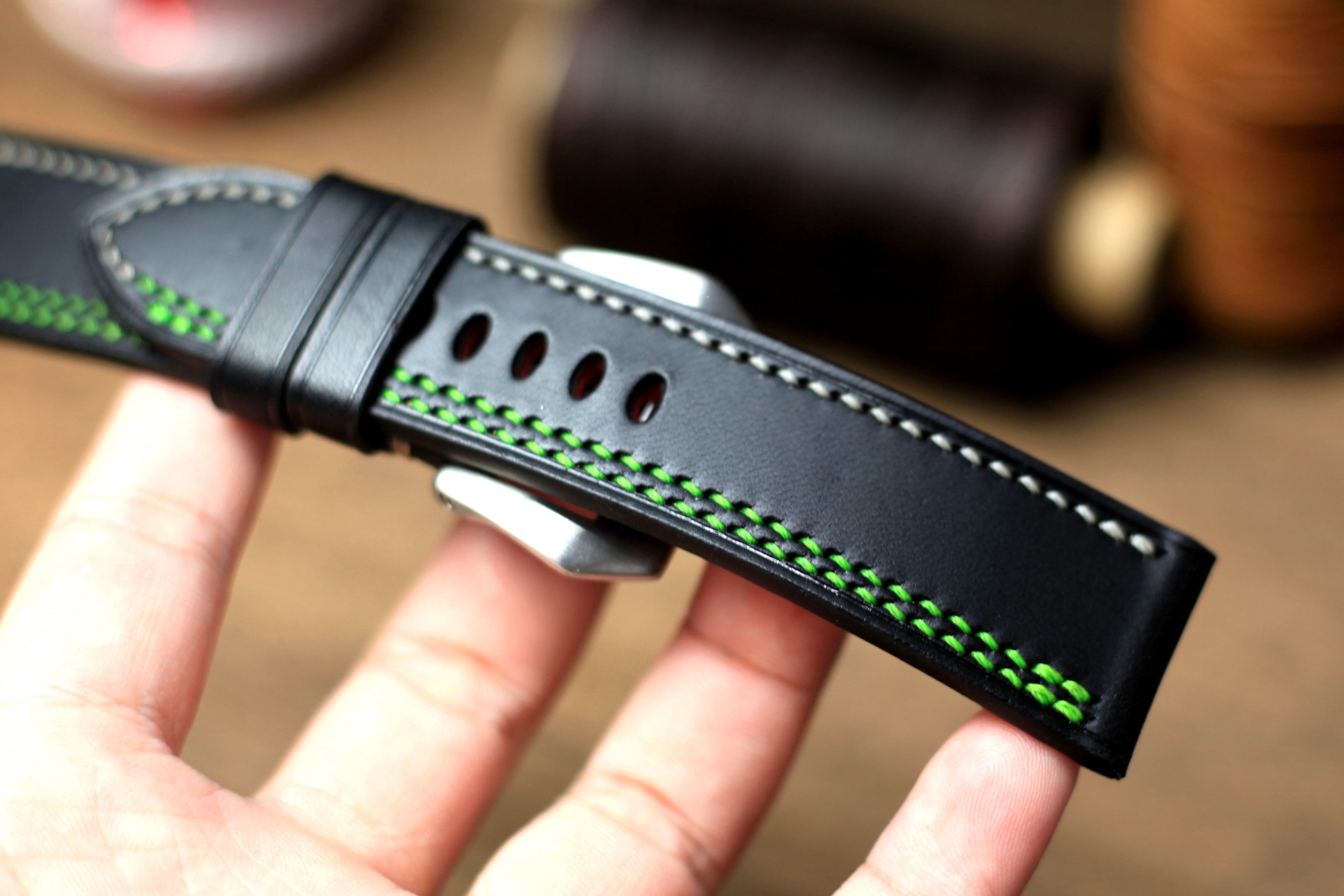 Black Buttero Leather Panerai Strap, Green/Grey Stitching