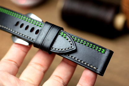 Black Buttero Leather Panerai Strap, Green/Grey Stitching