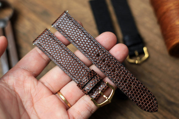 CARTIER WATCH STRAP, DARK BROWN LIZARD LEATHER WATCH BAND.