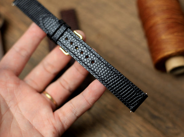 CARTIER WATCH STRAP, BLACK LIZARD LEATHER WATCH BAND.