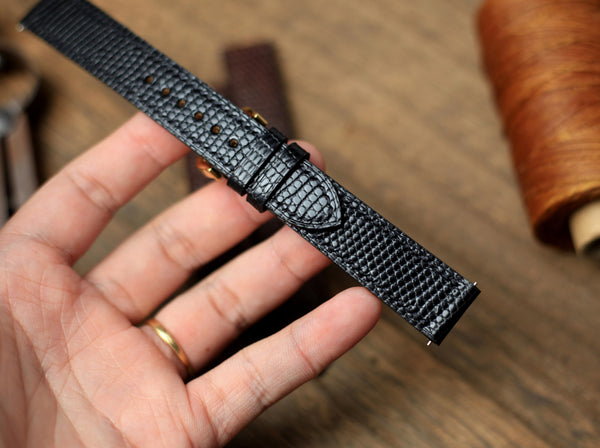 CARTIER WATCH STRAP, BLACK LIZARD LEATHER WATCH BAND.