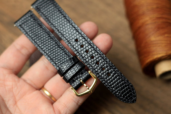 CARTIER WATCH STRAP, BLACK LIZARD LEATHER WATCH BAND.