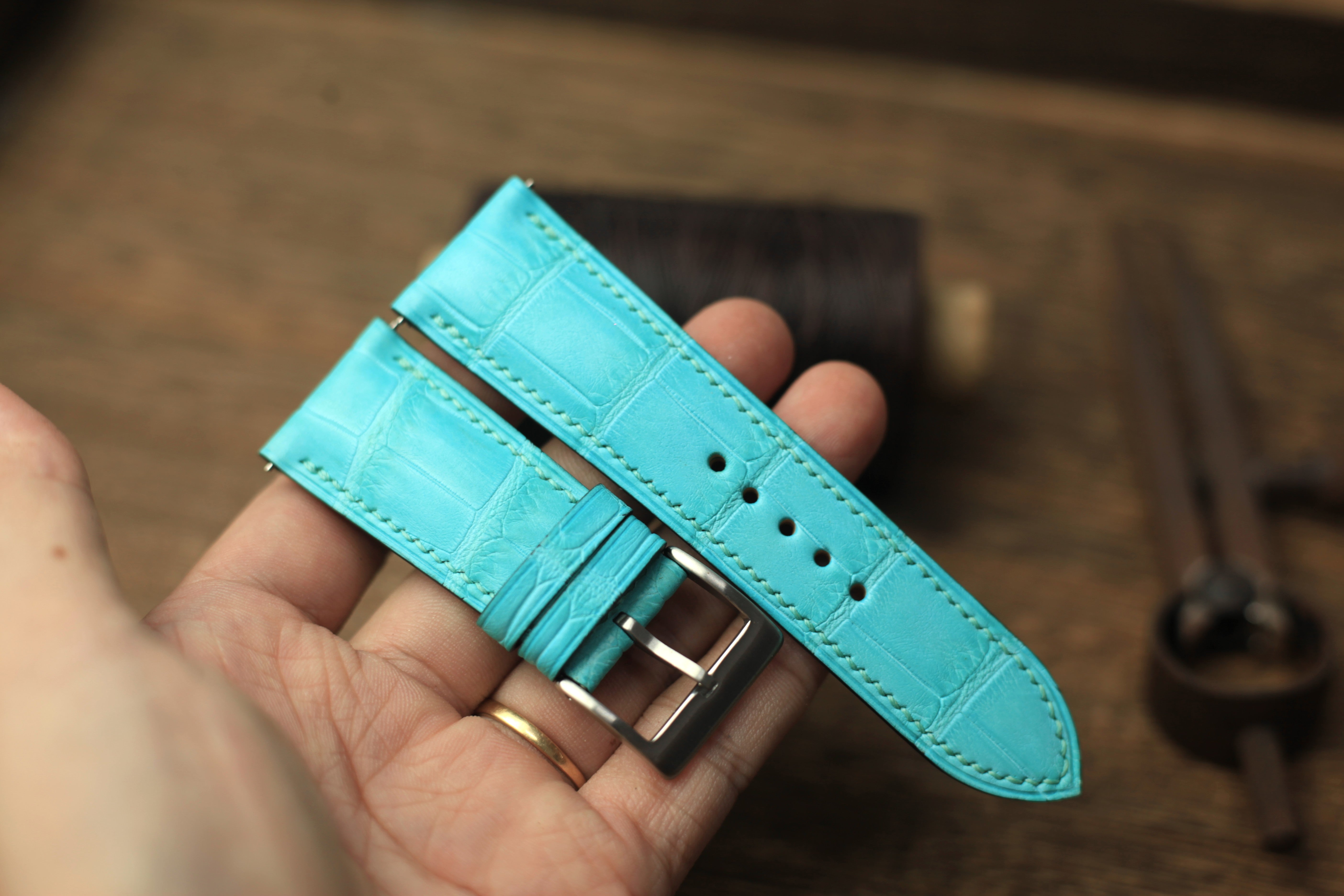 Panerai Watch Strap, Handmade Genuine Aqua Blue Alligator Leather