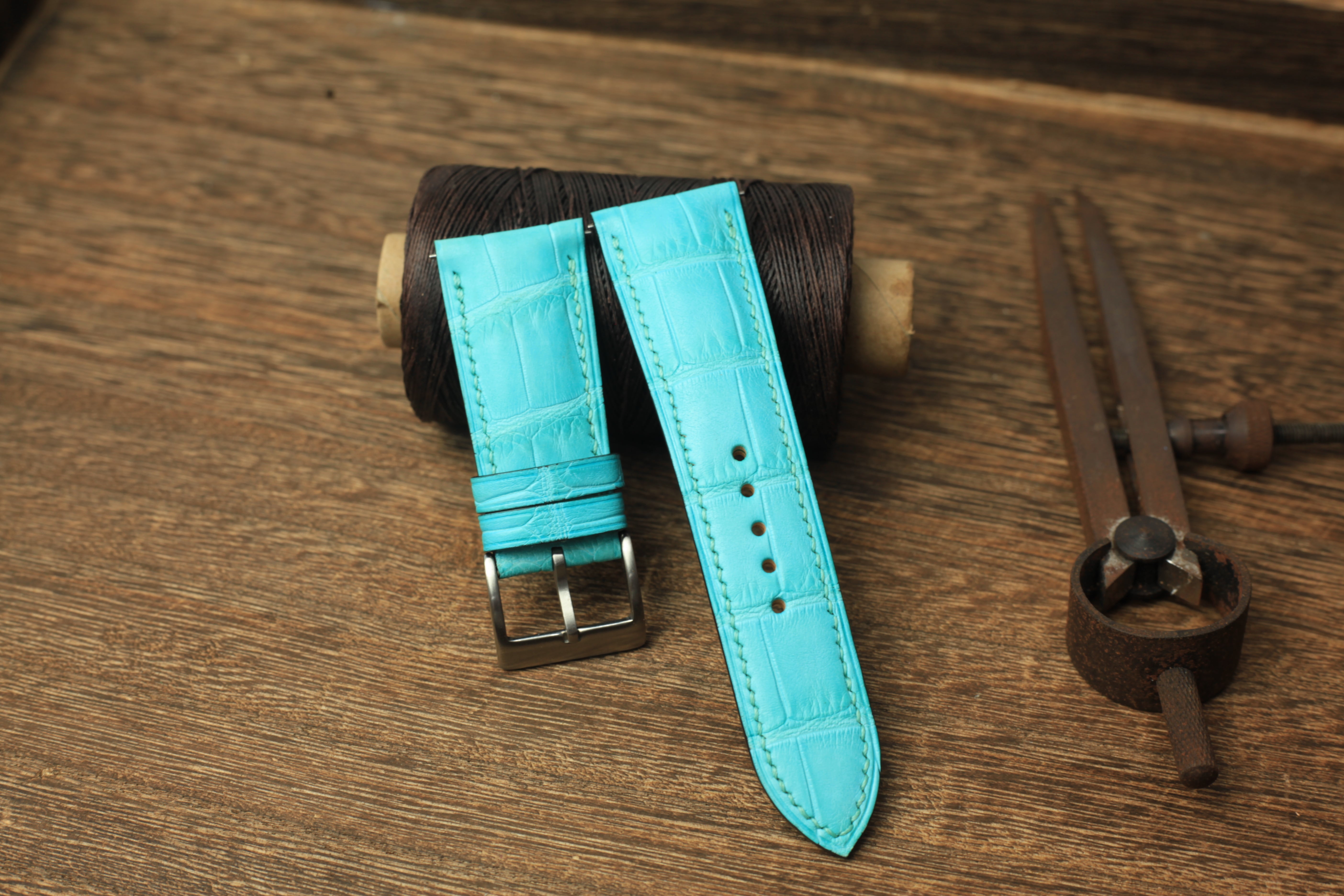 Panerai Watch Strap, Handmade Genuine Aqua Blue Alligator Leather