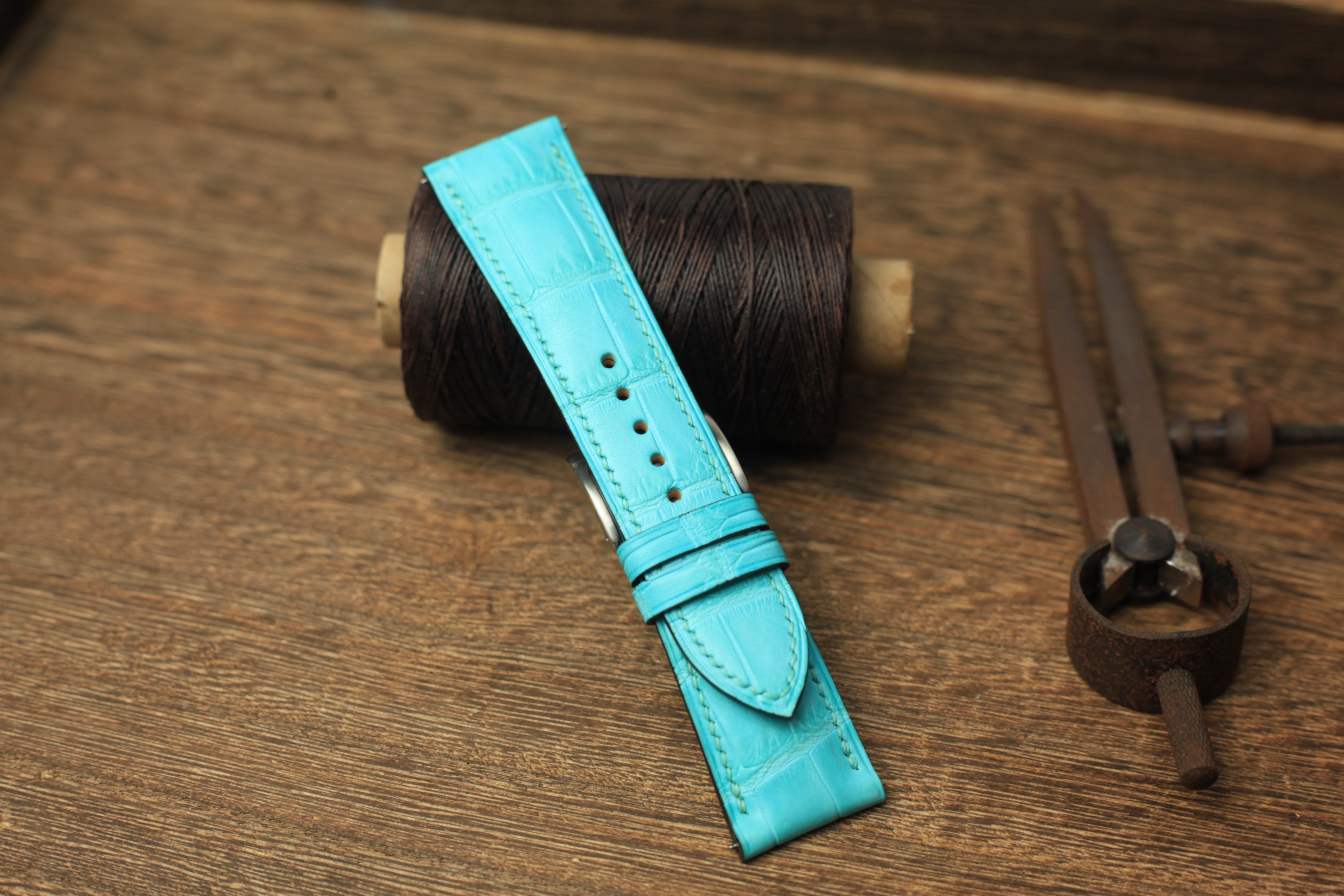 Panerai Watch Strap, Handmade Genuine Aqua Blue Alligator Leather