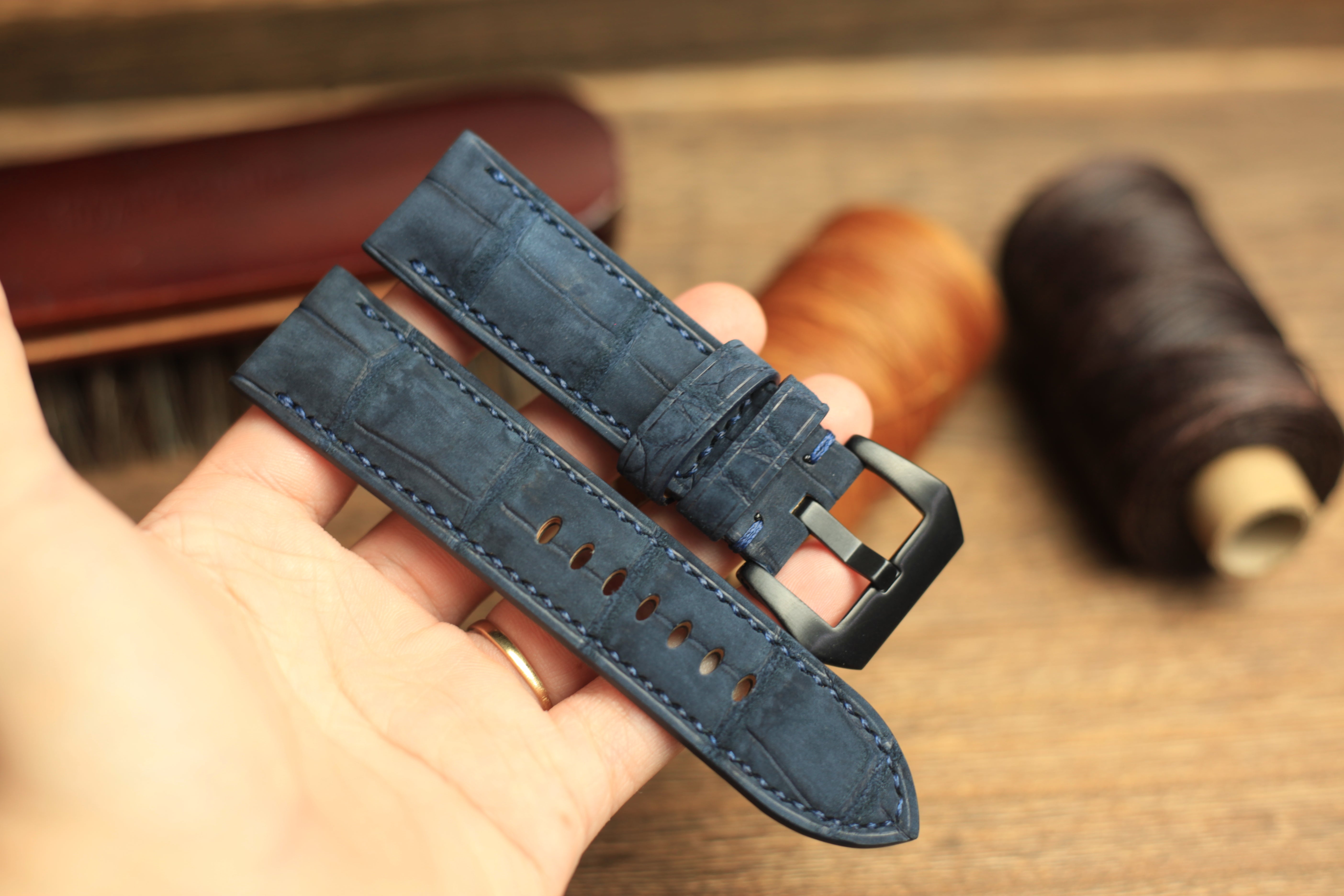 Panerai Watch Strap, Genuine Nubuck Darkblue Alligator Leather