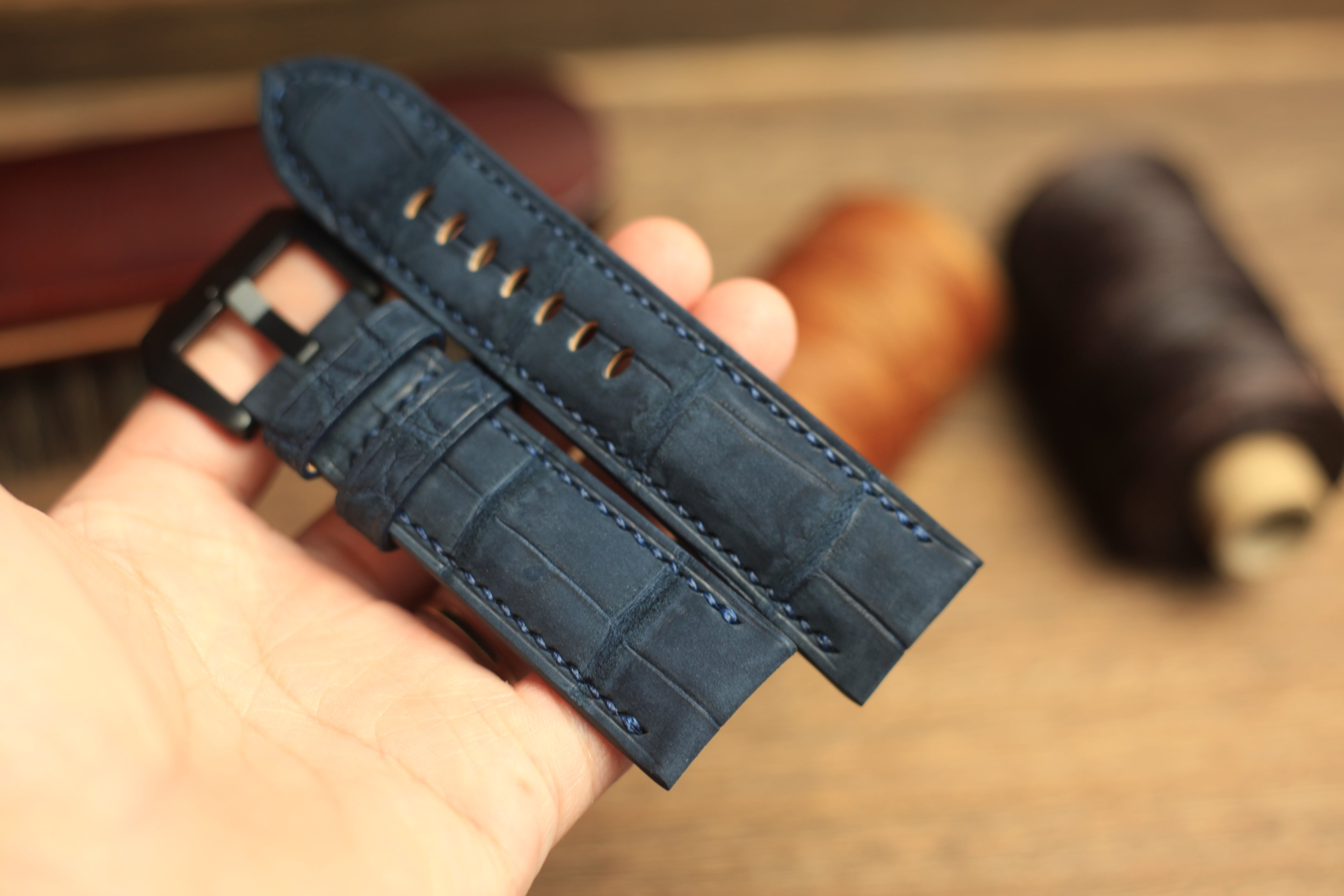 Panerai Watch Strap, Genuine Nubuck Darkblue Alligator Leather