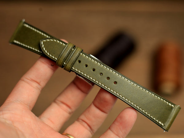 Buttero Olive Green Leather Handmade Watch Strap, Quick Release Spring Bar