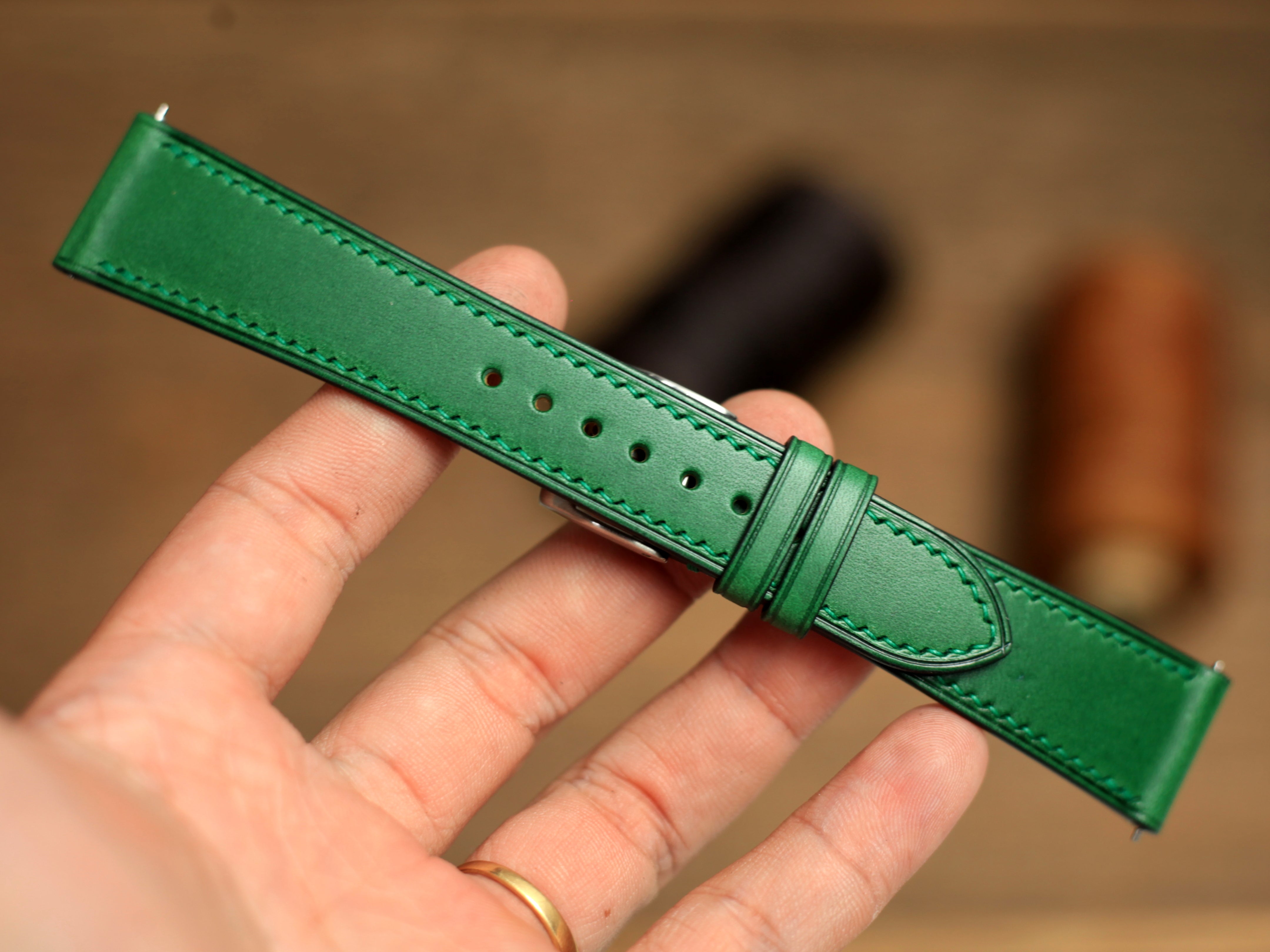Buttero Green Leather Handmade Watch Strap, Quick Release Spring Bar