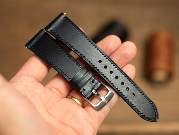 Buttero Black Leather Handmade Watch Strap, Quick Release Spring Bar