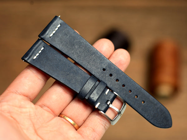 Row-Stitch Pueblo Dark Blue Leather Handmade Watch Strap, Quick Release Spring Bar