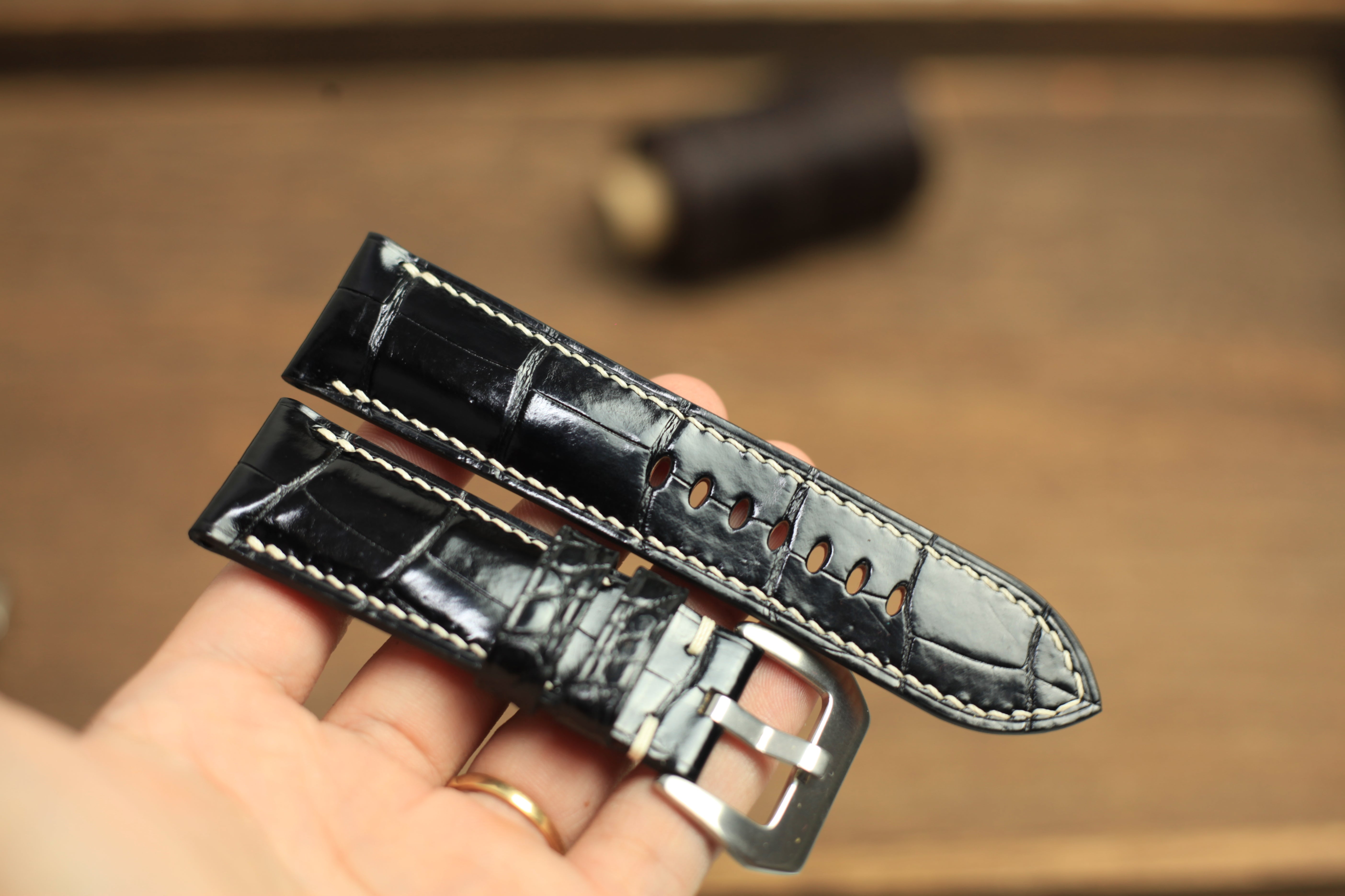 Panerai Watch Strap, Handmade Genuine Glossy Black Alligator Leather