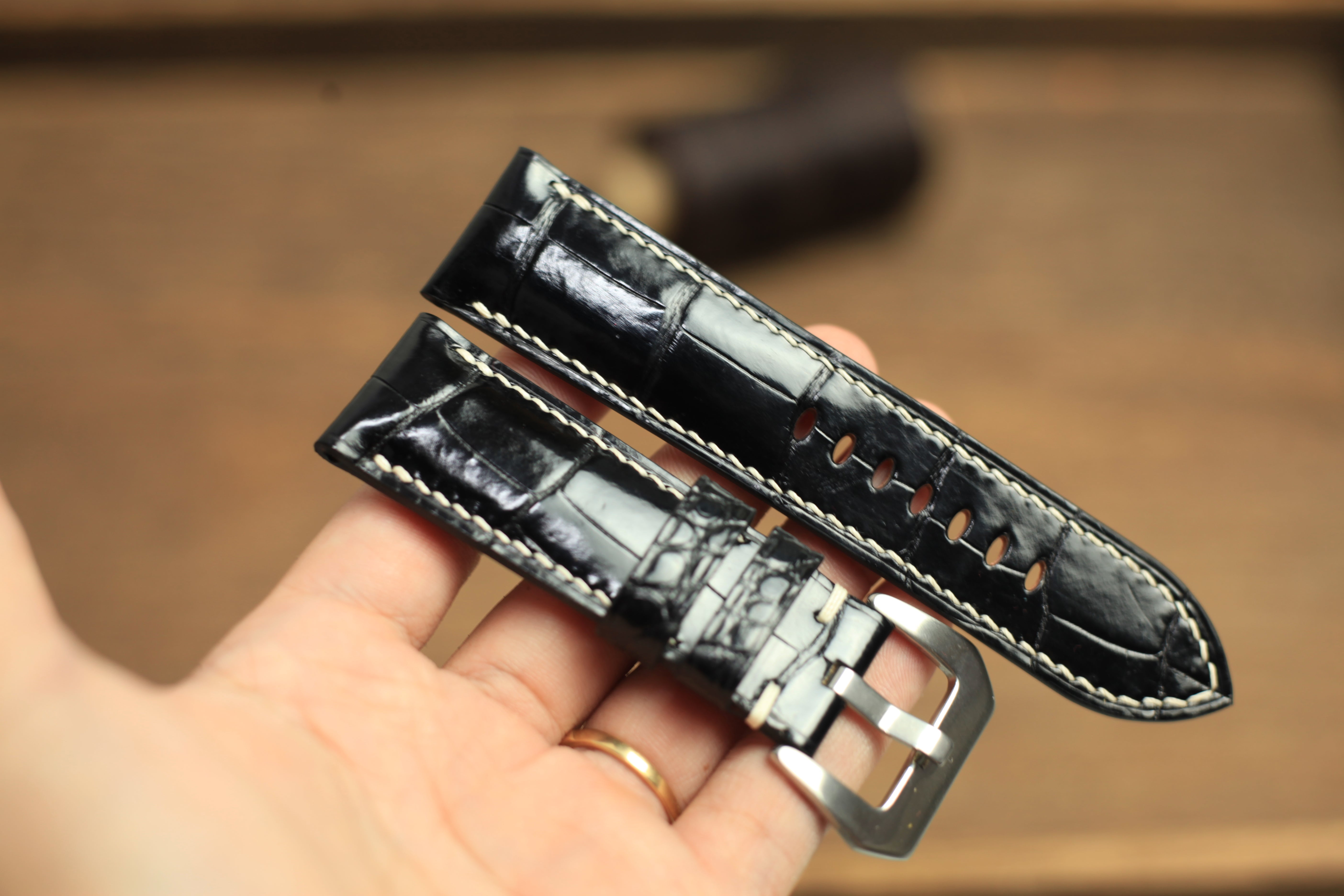 Panerai Watch Strap, Handmade Genuine Glossy Black Alligator Leather