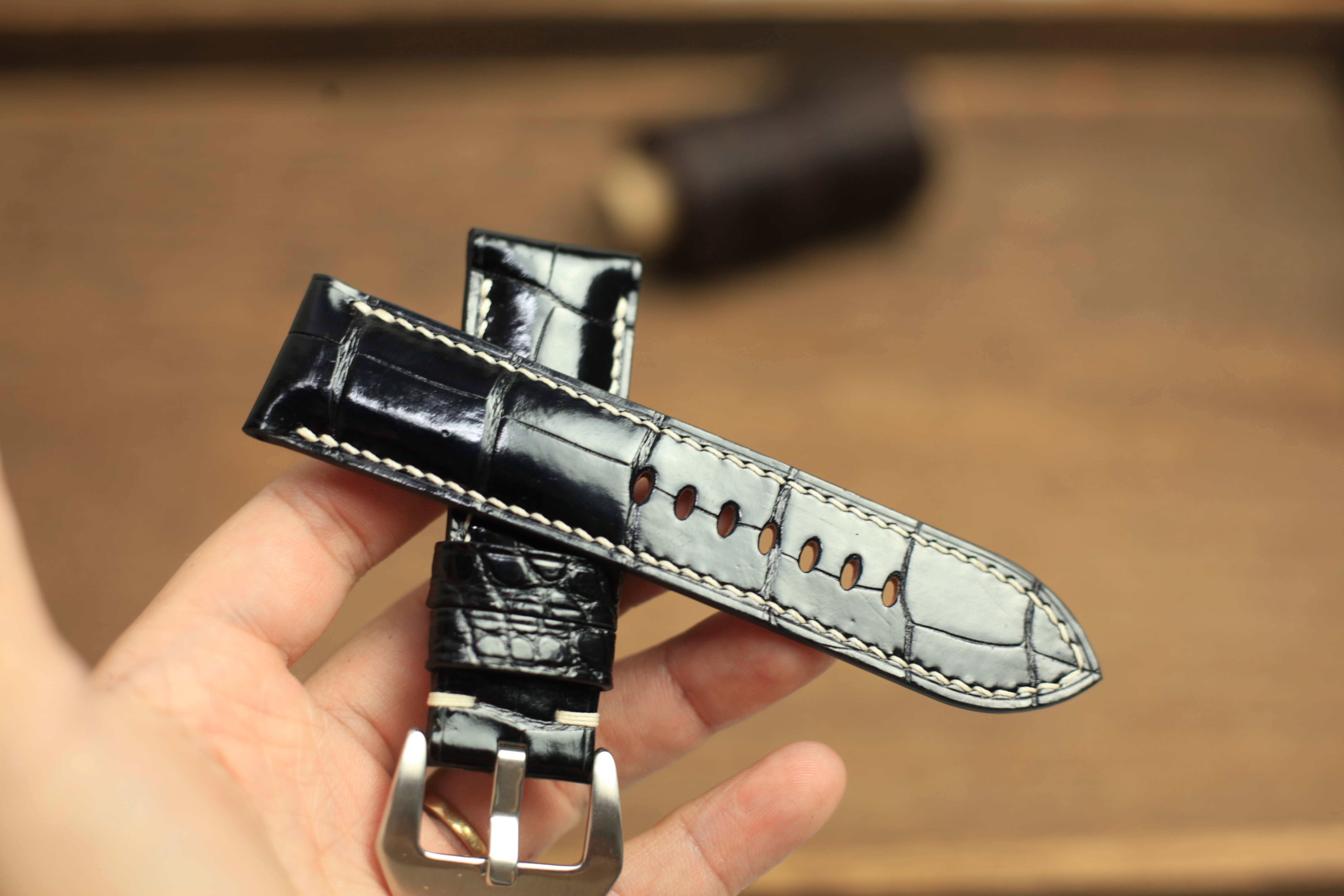 Panerai Watch Strap, Handmade Genuine Glossy Black Alligator Leather